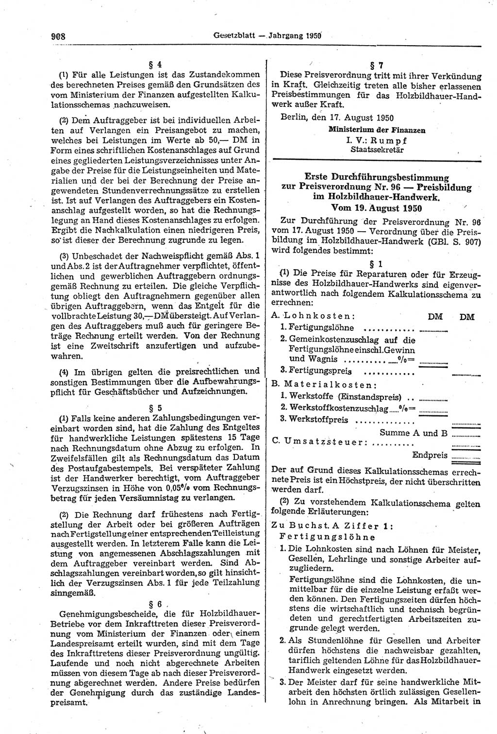 Gesetzblatt (GBl.) der Deutschen Demokratischen Republik (DDR) 1950, Seite 908 (GBl. DDR 1950, S. 908)