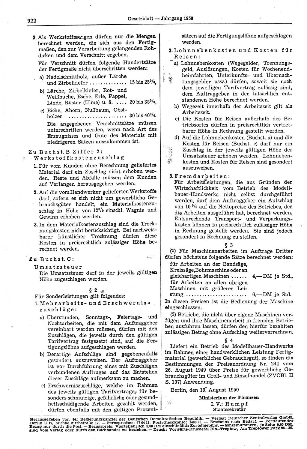 Gesetzblatt (GBl.) der Deutschen Demokratischen Republik (DDR) 1950, Seite 922 (GBl. DDR 1950, S. 922)