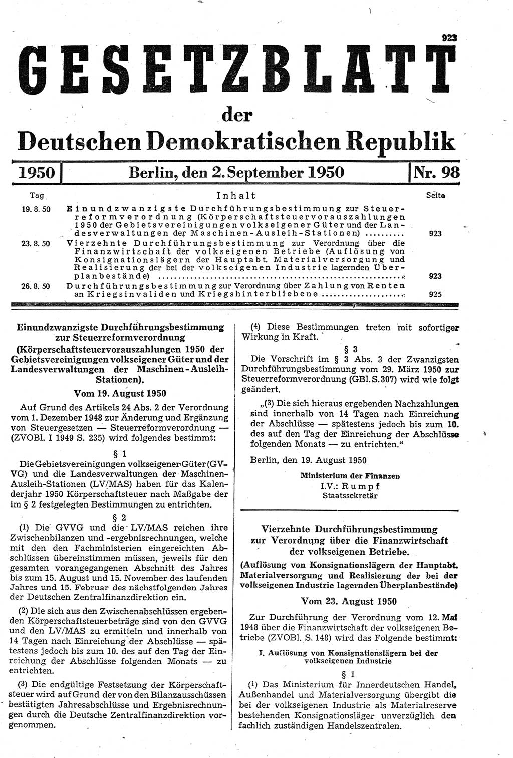 Gesetzblatt (GBl.) der Deutschen Demokratischen Republik (DDR) 1950, Seite 923 (GBl. DDR 1950, S. 923)
