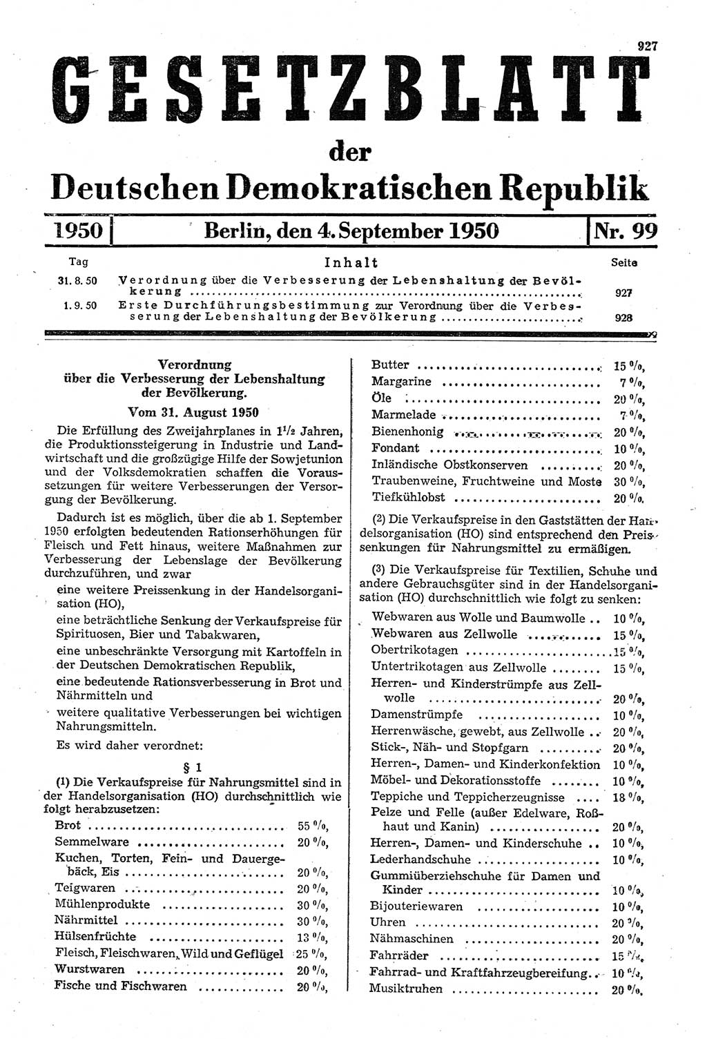 Gesetzblatt (GBl.) der Deutschen Demokratischen Republik (DDR) 1950, Seite 927 (GBl. DDR 1950, S. 927)