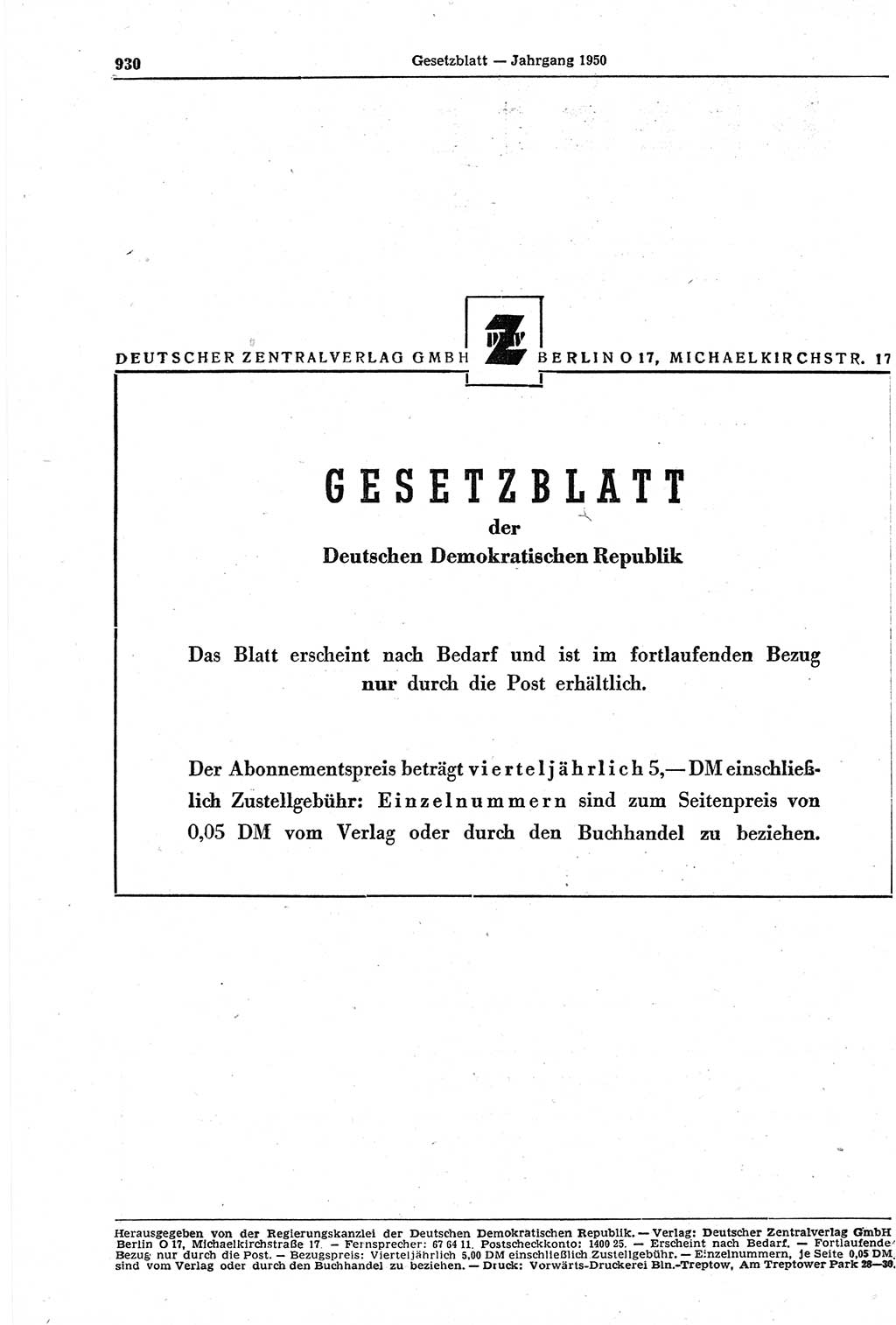 Gesetzblatt (GBl.) der Deutschen Demokratischen Republik (DDR) 1950, Seite 930 (GBl. DDR 1950, S. 930)