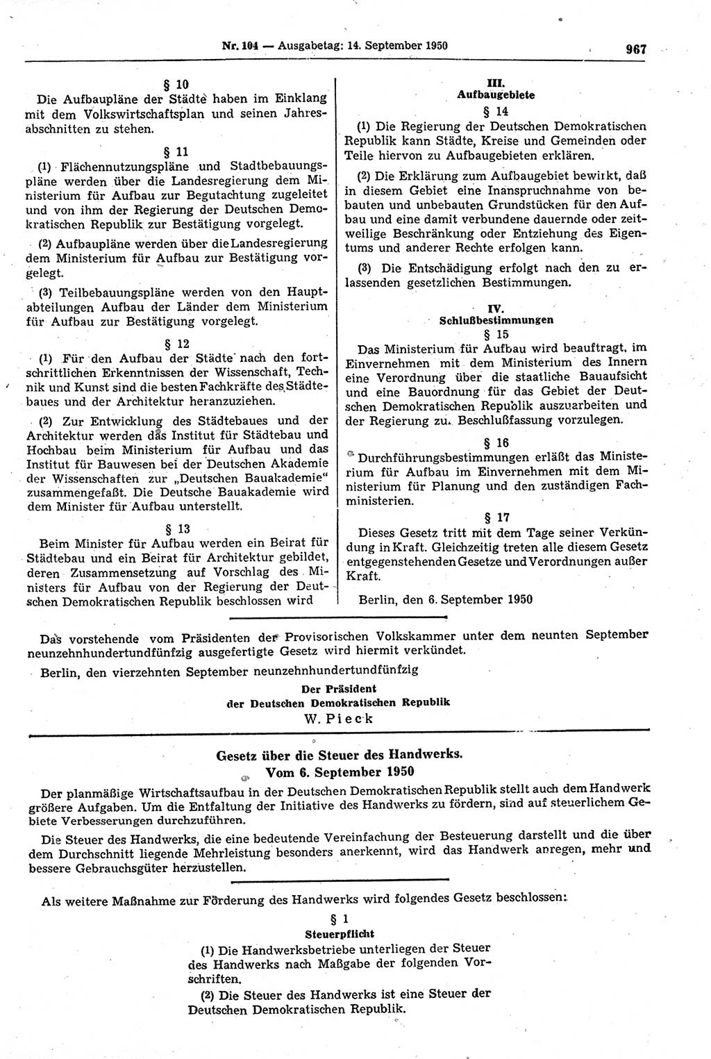 Gesetzblatt (GBl.) der Deutschen Demokratischen Republik (DDR) 1950, Seite 967 (GBl. DDR 1950, S. 967)