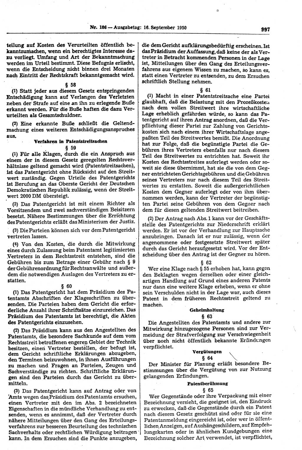 Gesetzblatt (GBl.) der Deutschen Demokratischen Republik (DDR) 1950, Seite 997 (GBl. DDR 1950, S. 997)