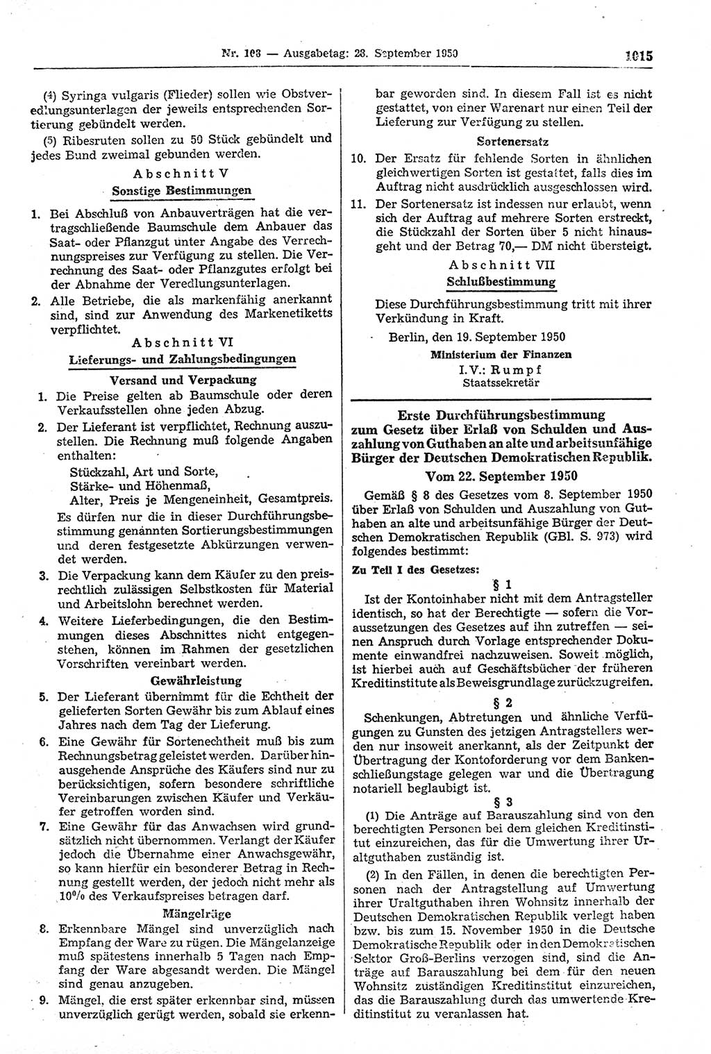 Gesetzblatt (GBl.) der Deutschen Demokratischen Republik (DDR) 1950, Seite 1015 (GBl. DDR 1950, S. 1015)