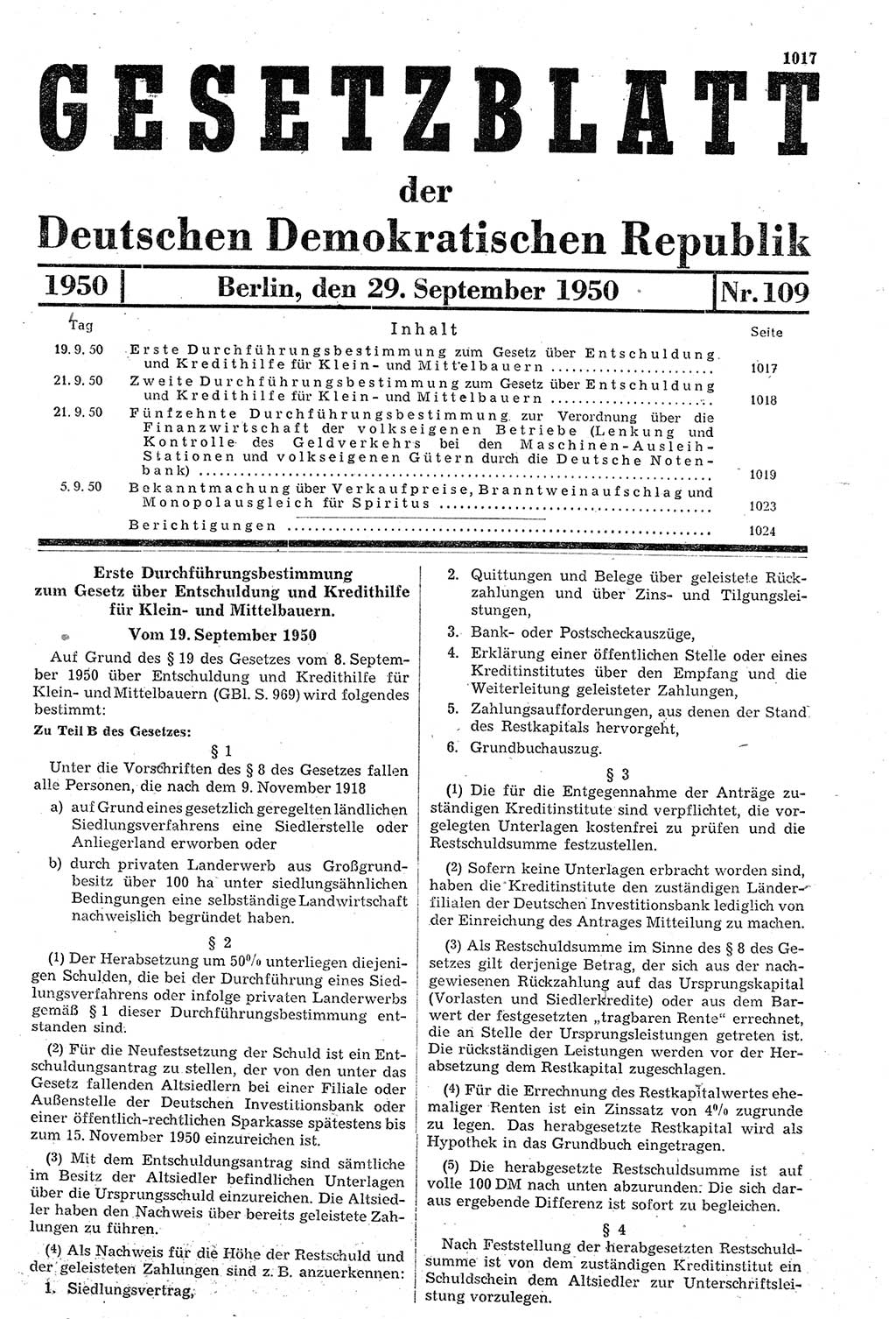 Gesetzblatt (GBl.) der Deutschen Demokratischen Republik (DDR) 1950, Seite 1017 (GBl. DDR 1950, S. 1017)