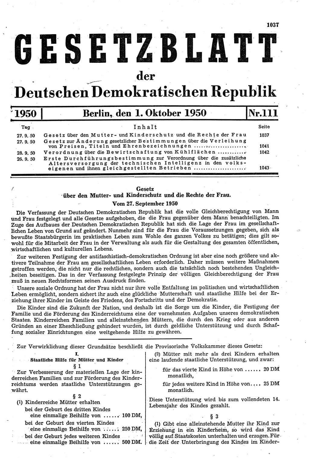 Gesetzblatt (GBl.) der Deutschen Demokratischen Republik (DDR) 1950, Seite 1037 (GBl. DDR 1950, S. 1037)