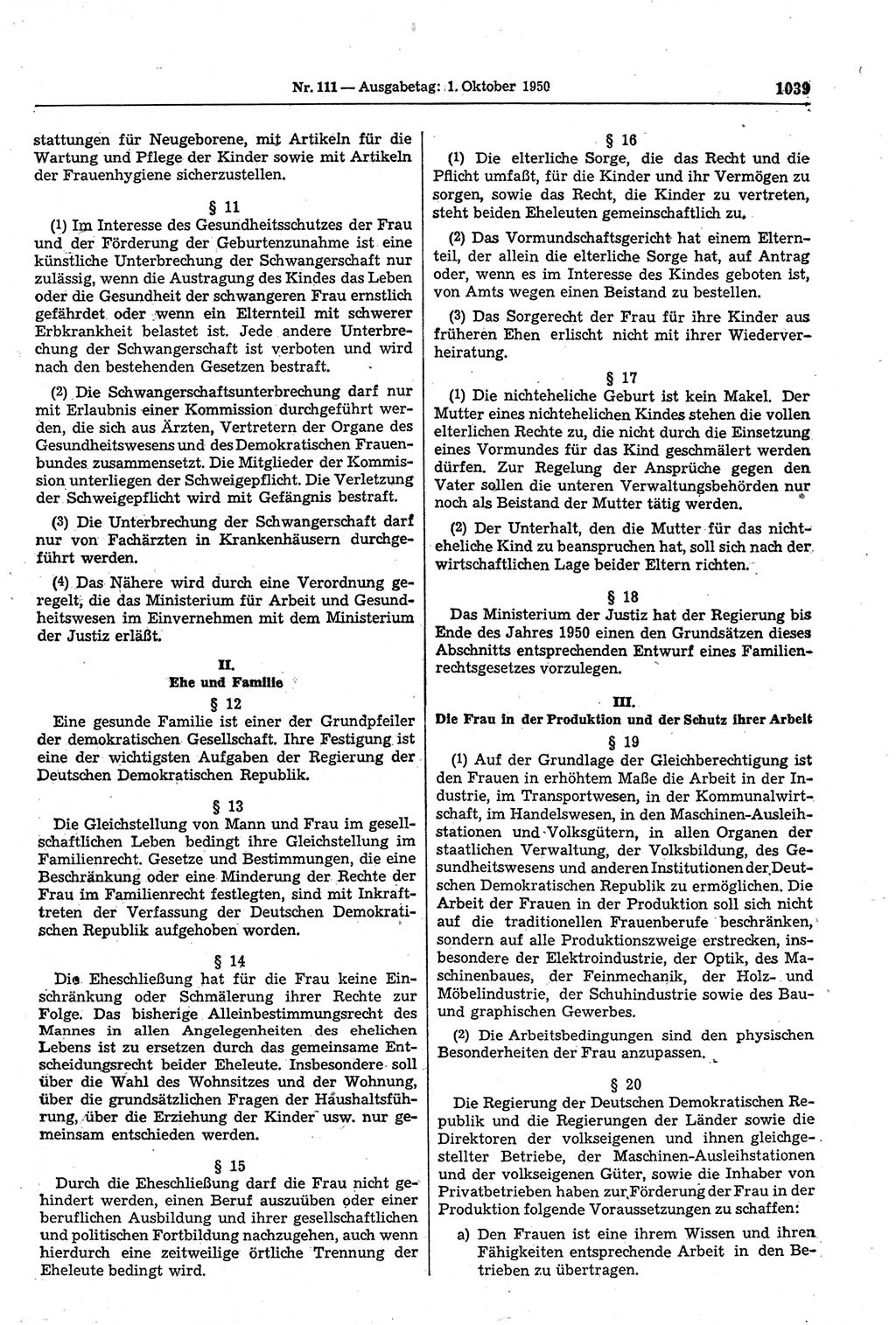 Gesetzblatt (GBl.) der Deutschen Demokratischen Republik (DDR) 1950, Seite 1039 (GBl. DDR 1950, S. 1039)