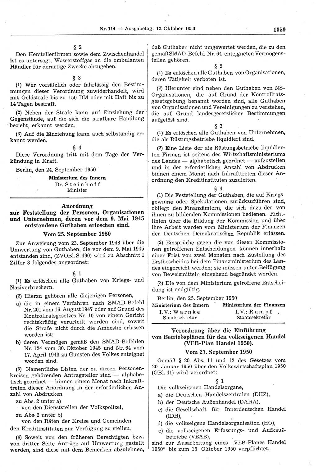 Gesetzblatt (GBl.) der Deutschen Demokratischen Republik (DDR) 1950, Seite 1059 (GBl. DDR 1950, S. 1059)