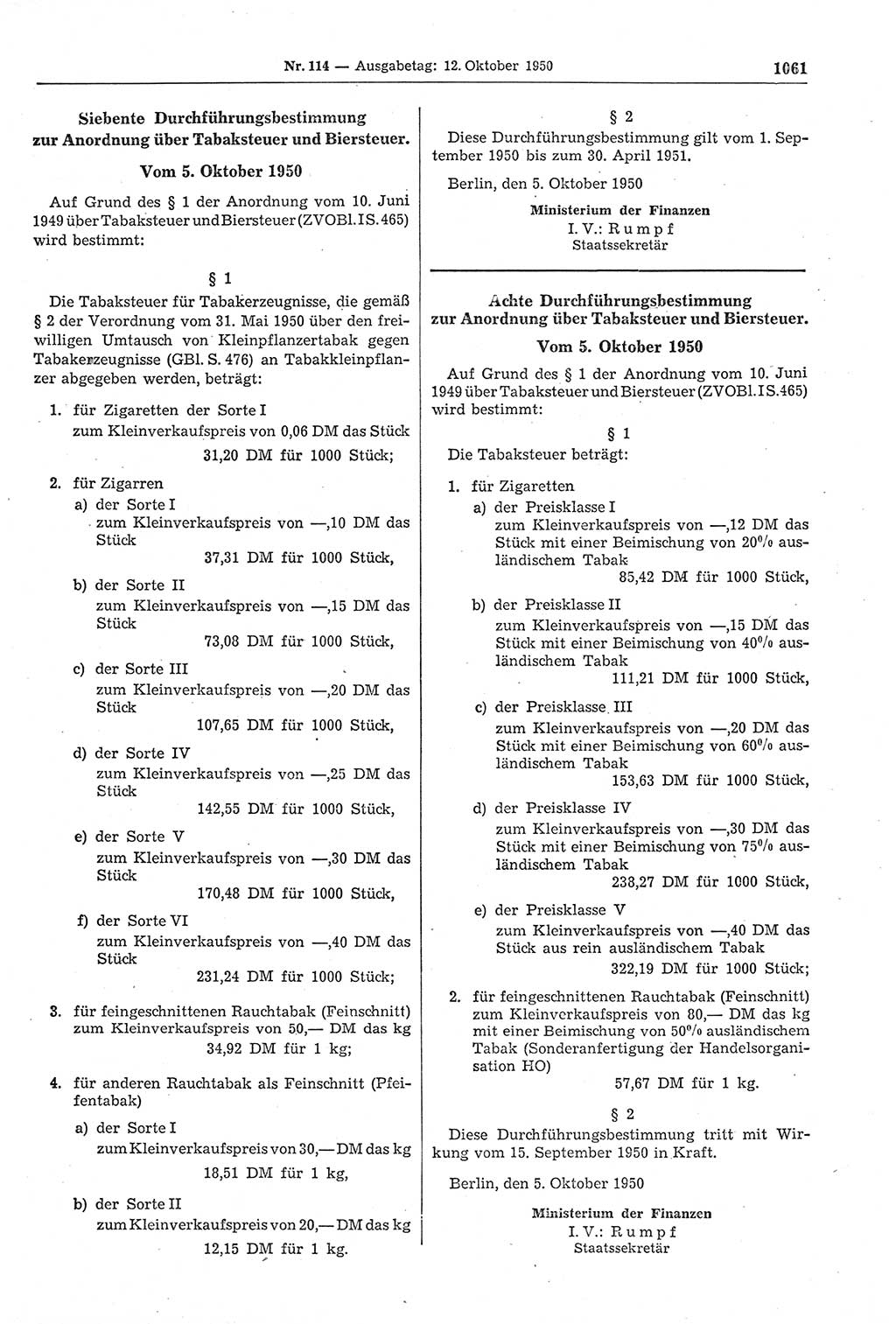 Gesetzblatt (GBl.) der Deutschen Demokratischen Republik (DDR) 1950, Seite 1061 (GBl. DDR 1950, S. 1061)