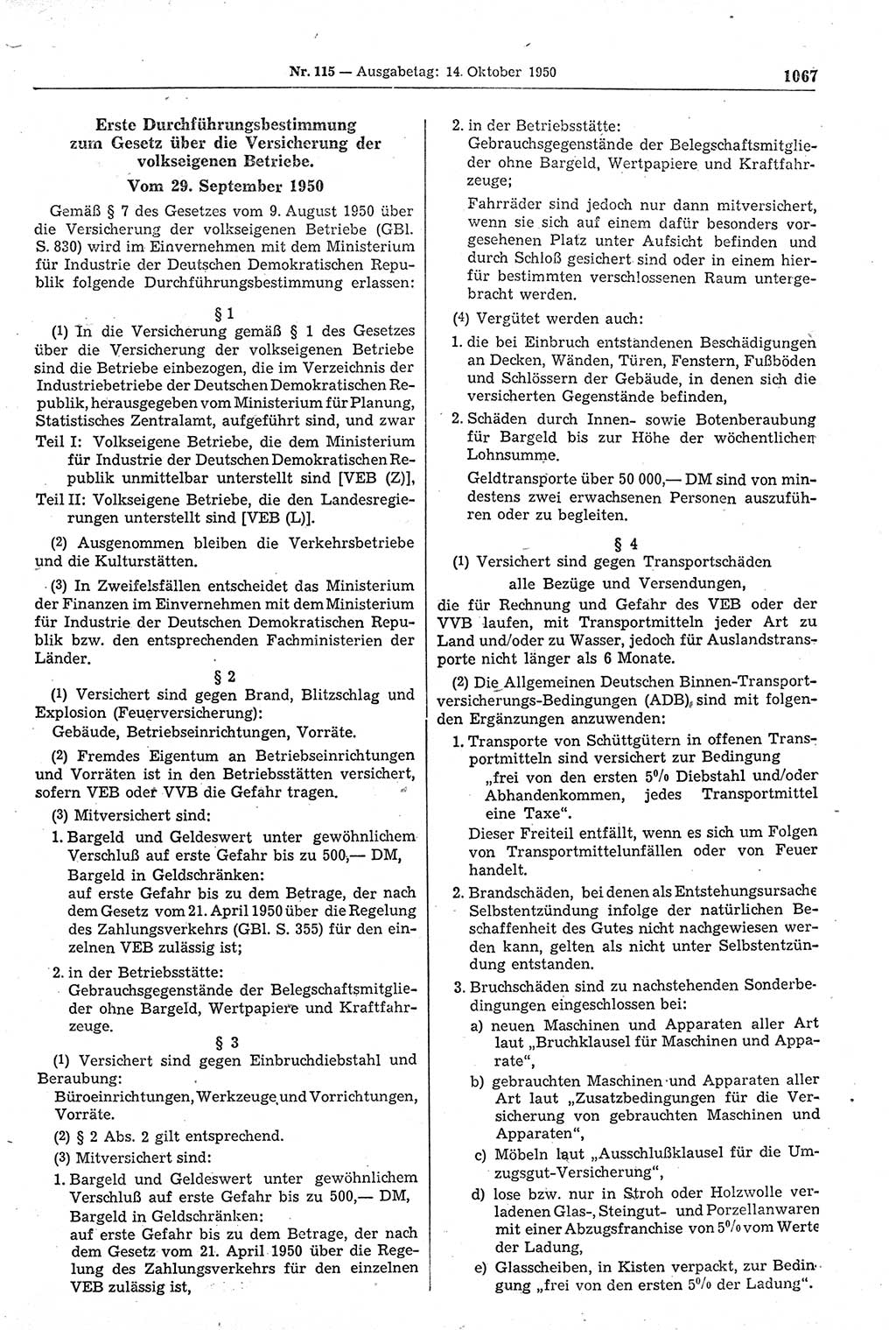 Gesetzblatt (GBl.) der Deutschen Demokratischen Republik (DDR) 1950, Seite 1067 (GBl. DDR 1950, S. 1067)