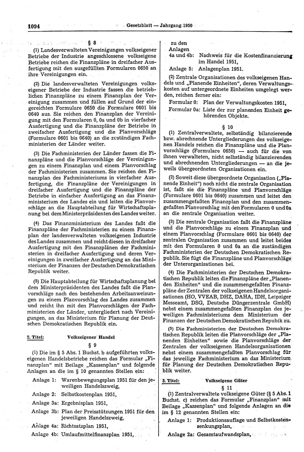 Gesetzblatt (GBl.) der Deutschen Demokratischen Republik (DDR) 1950, Seite 1094 (GBl. DDR 1950, S. 1094)