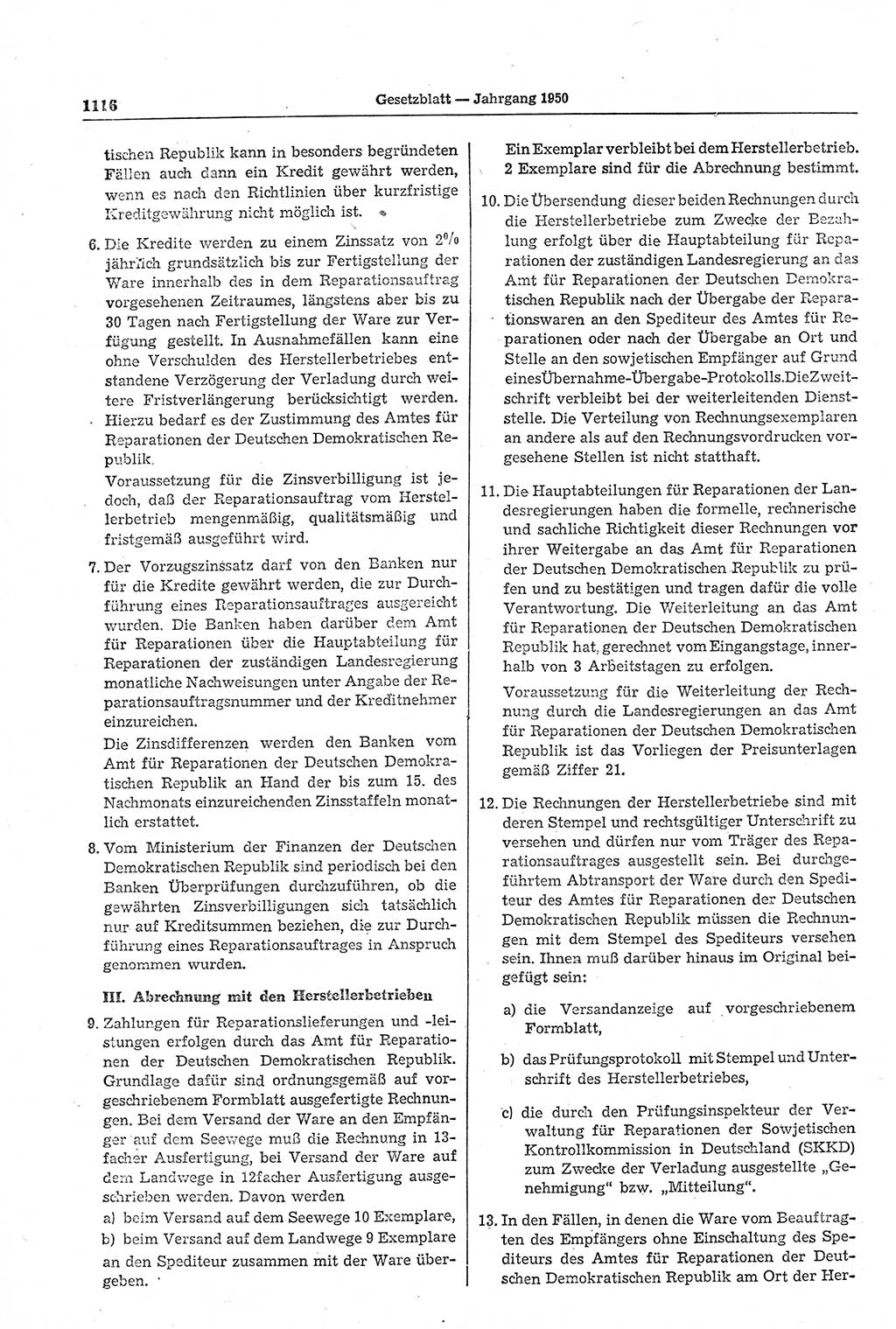 Gesetzblatt (GBl.) der Deutschen Demokratischen Republik (DDR) 1950, Seite 1116 (GBl. DDR 1950, S. 1116)