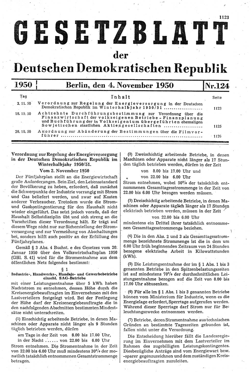 Gesetzblatt (GBl.) der Deutschen Demokratischen Republik (DDR) 1950, Seite 1123 (GBl. DDR 1950, S. 1123)