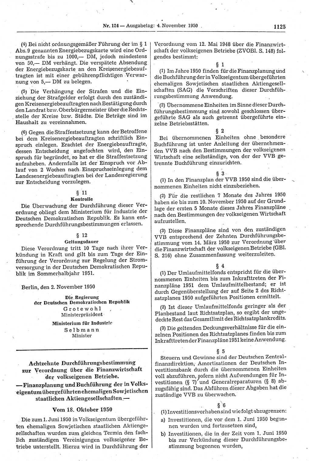 Gesetzblatt (GBl.) der Deutschen Demokratischen Republik (DDR) 1950, Seite 1125 (GBl. DDR 1950, S. 1125)