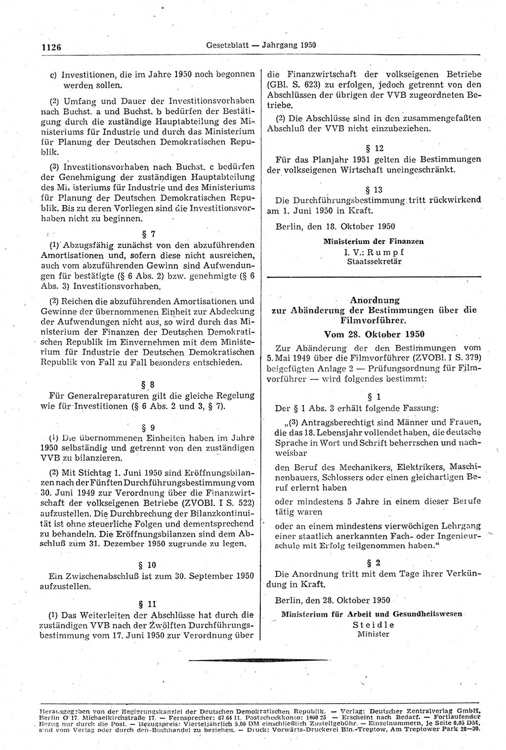 Gesetzblatt (GBl.) der Deutschen Demokratischen Republik (DDR) 1950, Seite 1126 (GBl. DDR 1950, S. 1126)