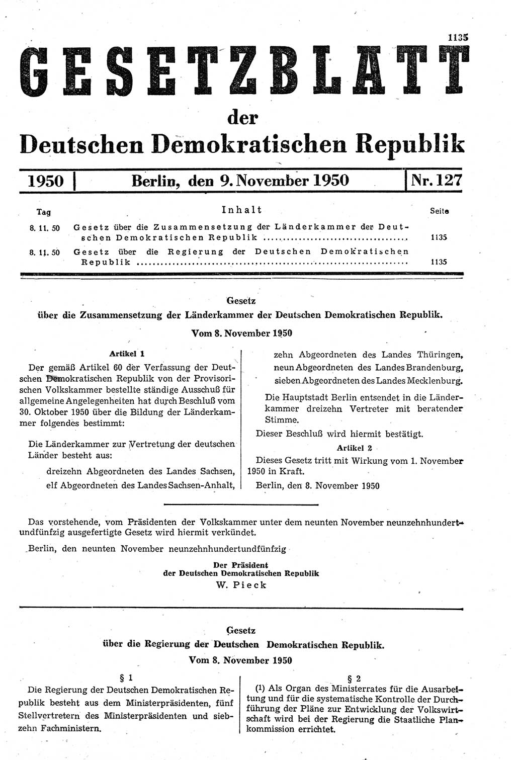 Gesetzblatt (GBl.) der Deutschen Demokratischen Republik (DDR) 1950, Seite 1135 (GBl. DDR 1950, S. 1135)