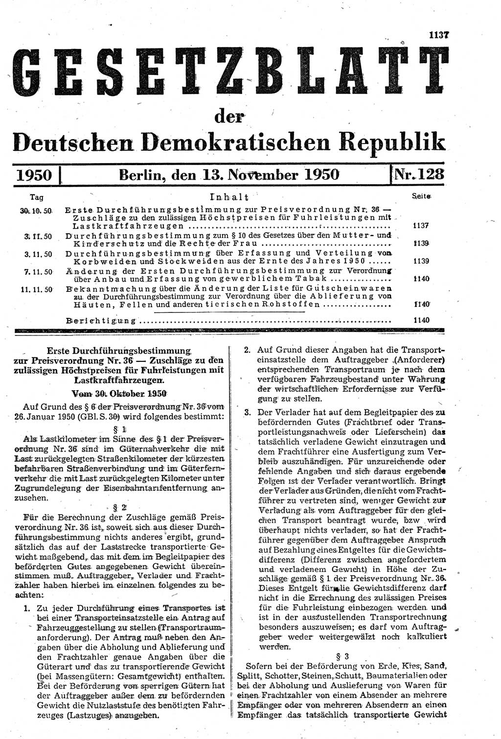 Gesetzblatt (GBl.) der Deutschen Demokratischen Republik (DDR) 1950, Seite 1137 (GBl. DDR 1950, S. 1137)