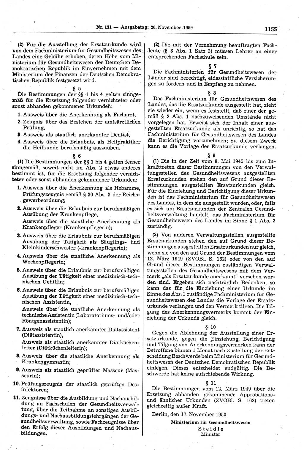 Gesetzblatt (GBl.) der Deutschen Demokratischen Republik (DDR) 1950, Seite 1155 (GBl. DDR 1950, S. 1155)