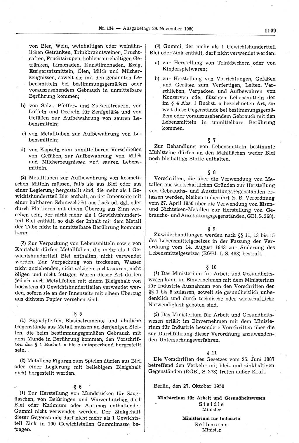 Gesetzblatt (GBl.) der Deutschen Demokratischen Republik (DDR) 1950, Seite 1169 (GBl. DDR 1950, S. 1169)