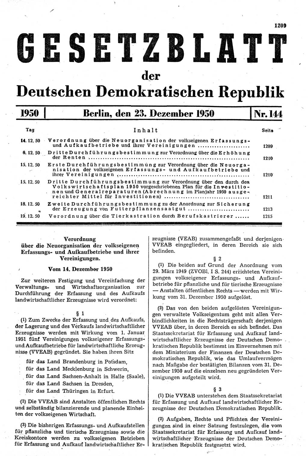 Gesetzblatt (GBl.) der Deutschen Demokratischen Republik (DDR) 1950, Seite 1209 (GBl. DDR 1950, S. 1209)