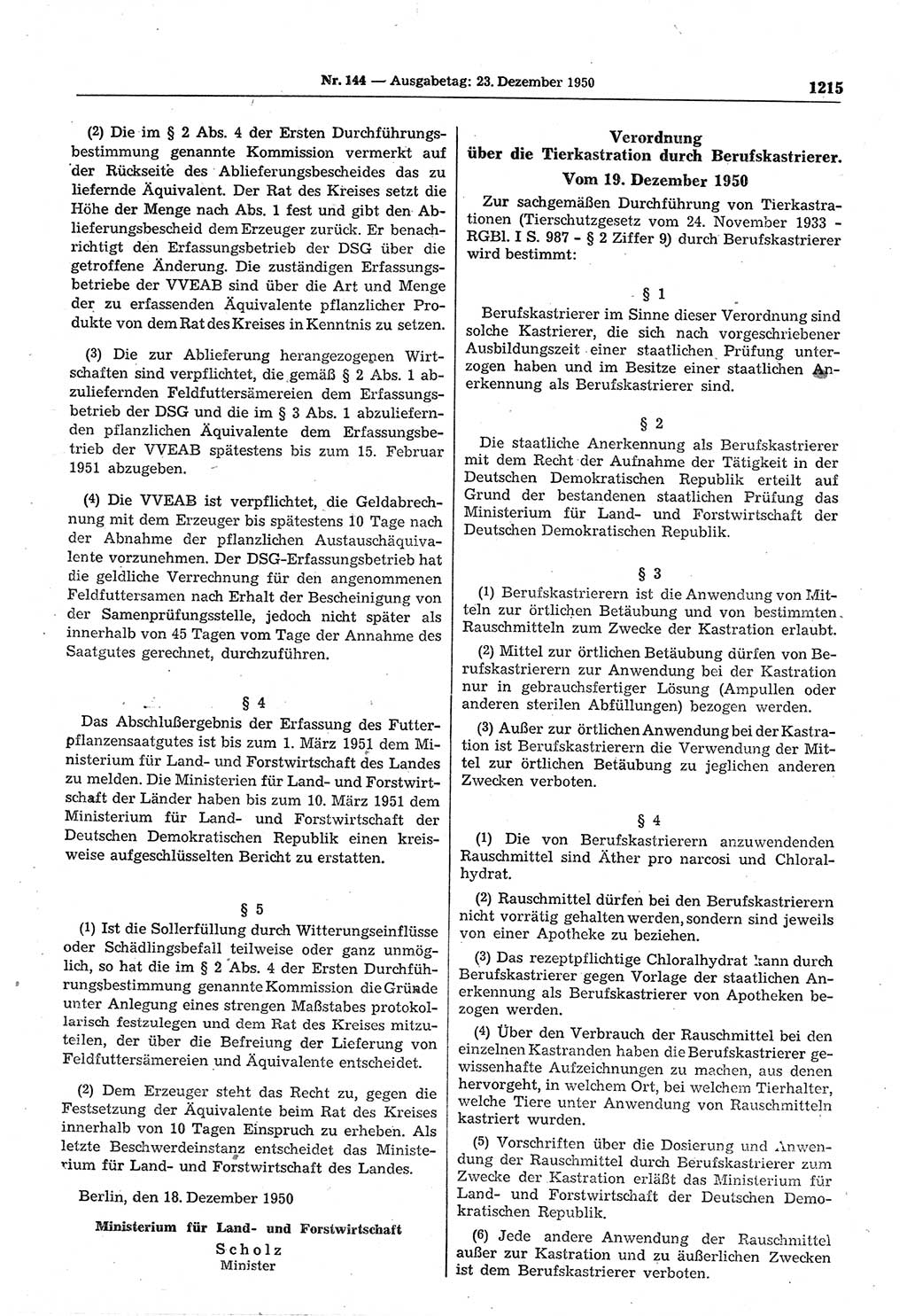 Gesetzblatt (GBl.) der Deutschen Demokratischen Republik (DDR) 1950, Seite 1215 (GBl. DDR 1950, S. 1215)