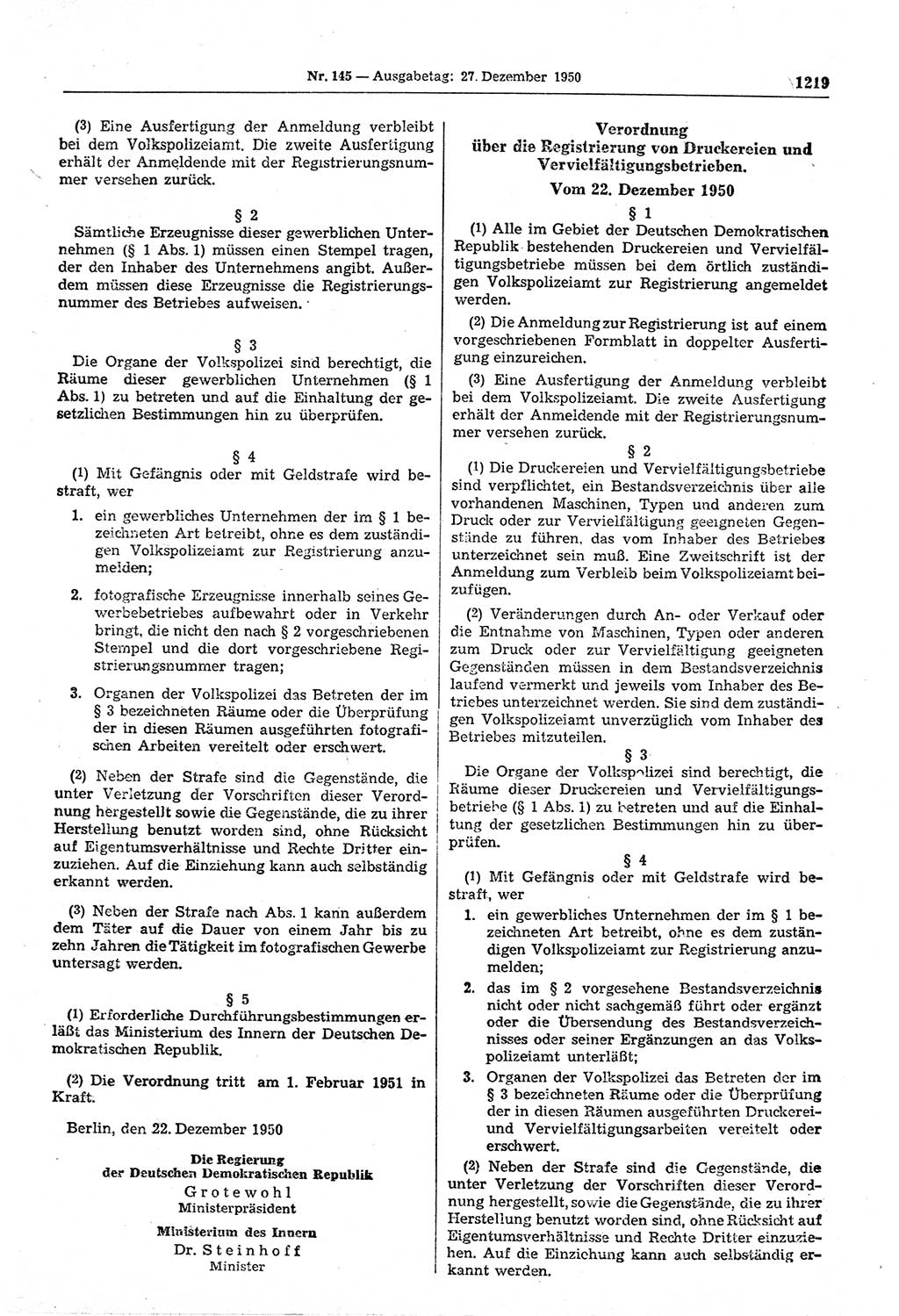 Gesetzblatt (GBl.) der Deutschen Demokratischen Republik (DDR) 1950, Seite 1219 (GBl. DDR 1950, S. 1219)