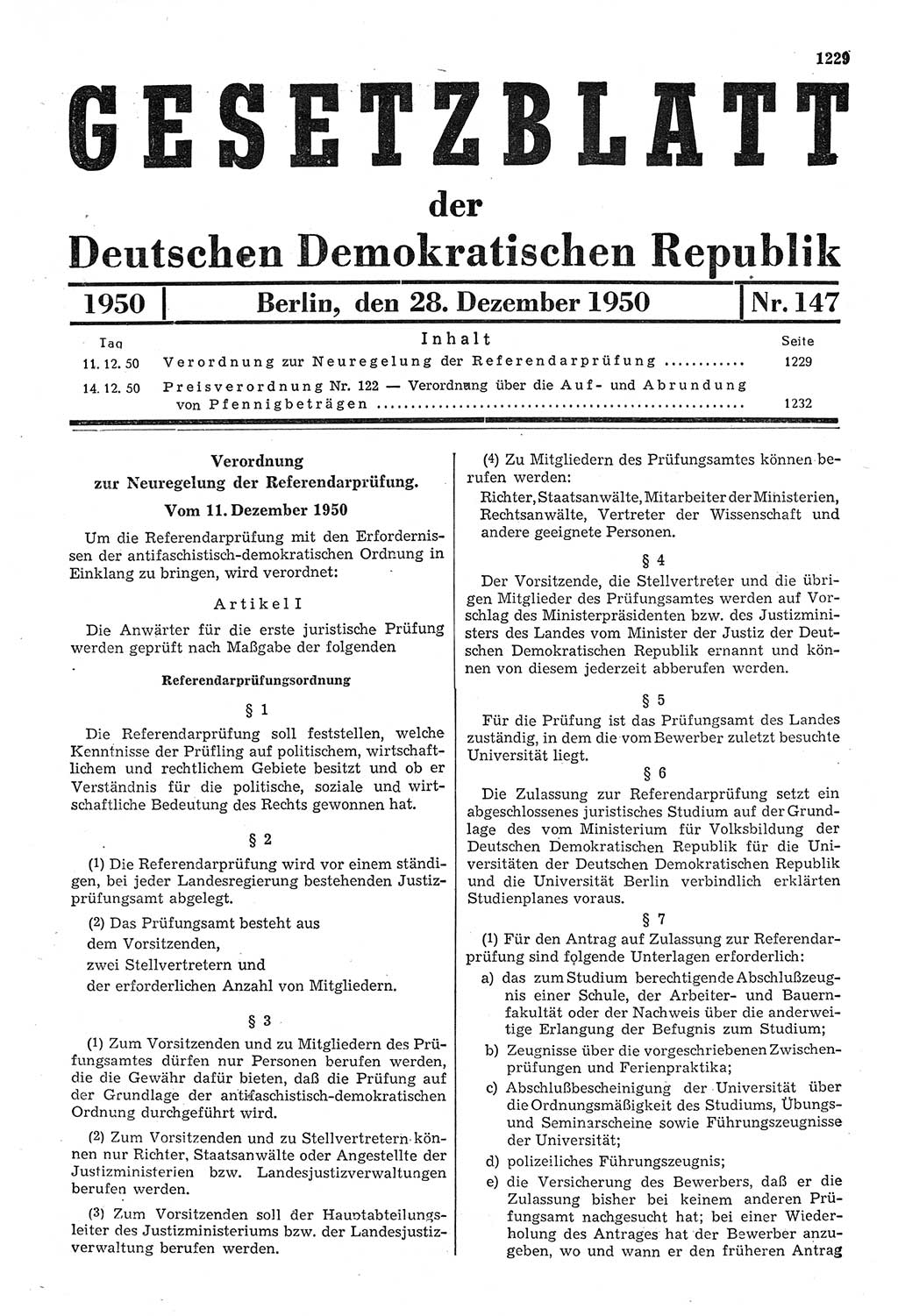 Gesetzblatt (GBl.) der Deutschen Demokratischen Republik (DDR) 1950, Seite 1229 (GBl. DDR 1950, S. 1229)