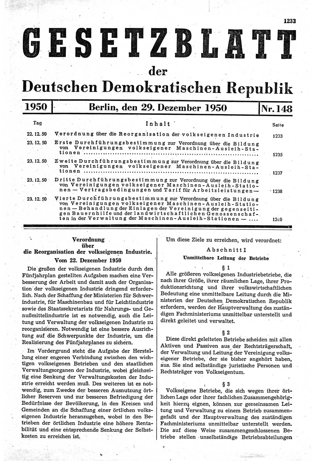 Gesetzblatt (GBl.) der Deutschen Demokratischen Republik (DDR) 1950, Seite 1233 (GBl. DDR 1950, S. 1233)