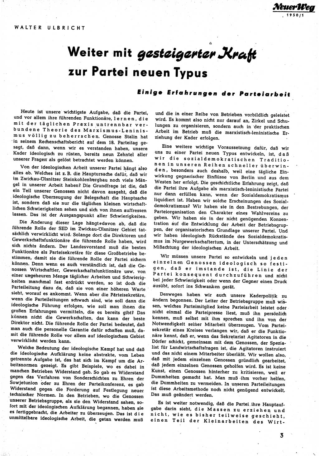 Neuer Weg (NW), Halbmonatsschrift für aktuelle Fragen der Arbeiterbewegung [Zentralkomitee (ZK) Sozialistische Einheitspartei Deutschlands (SED)], 5. Jahrgang [Deutsche Demokratische Republik (DDR)] 1950, Heft 1/3 (NW ZK SED DDR 1950, H. 1/3)