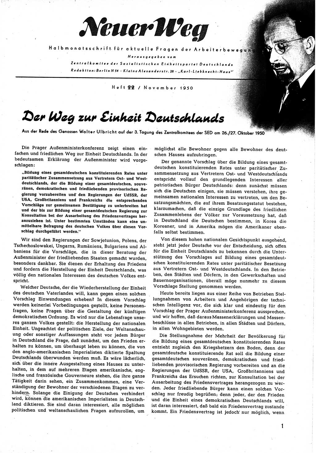 Neuer Weg (NW), Halbmonatsschrift für aktuelle Fragen der Arbeiterbewegung [Zentralkomitee (ZK) Sozialistische Einheitspartei Deutschlands (SED)], 5. Jahrgang [Deutsche Demokratische Republik (DDR)] 1950, Heft 22/1 (NW ZK SED DDR 1950, H. 22/1)