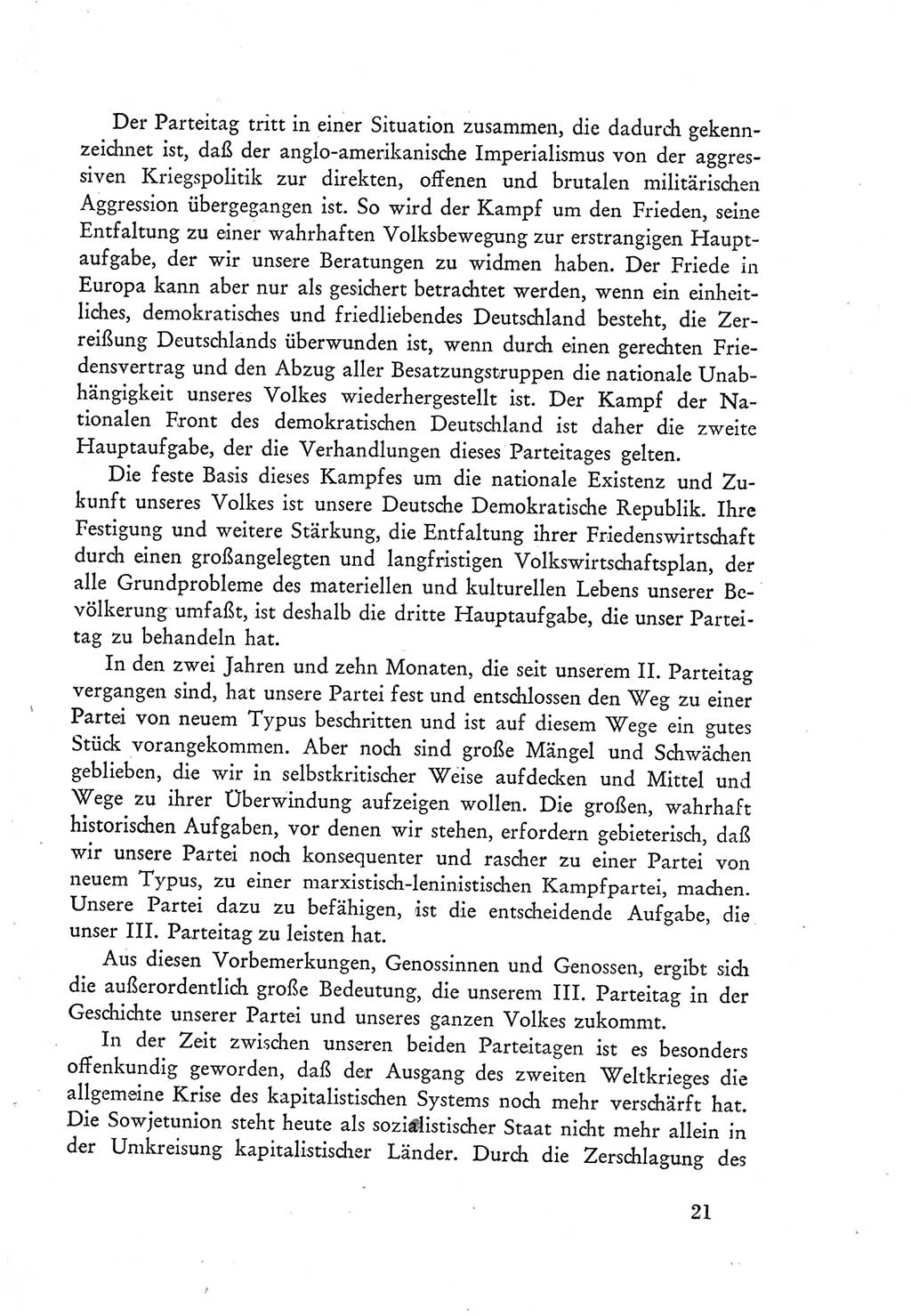 Protokoll der Verhandlungen des Ⅲ. Parteitages der Sozialistischen Einheitspartei Deutschlands (SED) [Deutsche Demokratische Republik (DDR)] 1950, Band 1, Seite 21 (Prot. Verh. Ⅲ. PT SED DDR 1950, Bd. 1, S. 21)