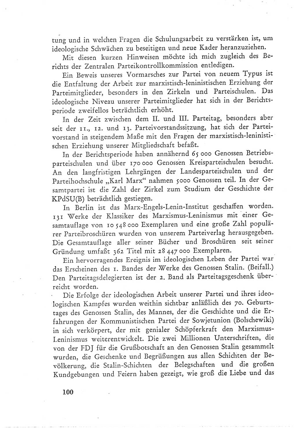 Protokoll der Verhandlungen des Ⅲ. Parteitages der Sozialistischen Einheitspartei Deutschlands (SED) [Deutsche Demokratische Republik (DDR)] 1950, Band 1, Seite 100 (Prot. Verh. Ⅲ. PT SED DDR 1950, Bd. 1, S. 100)