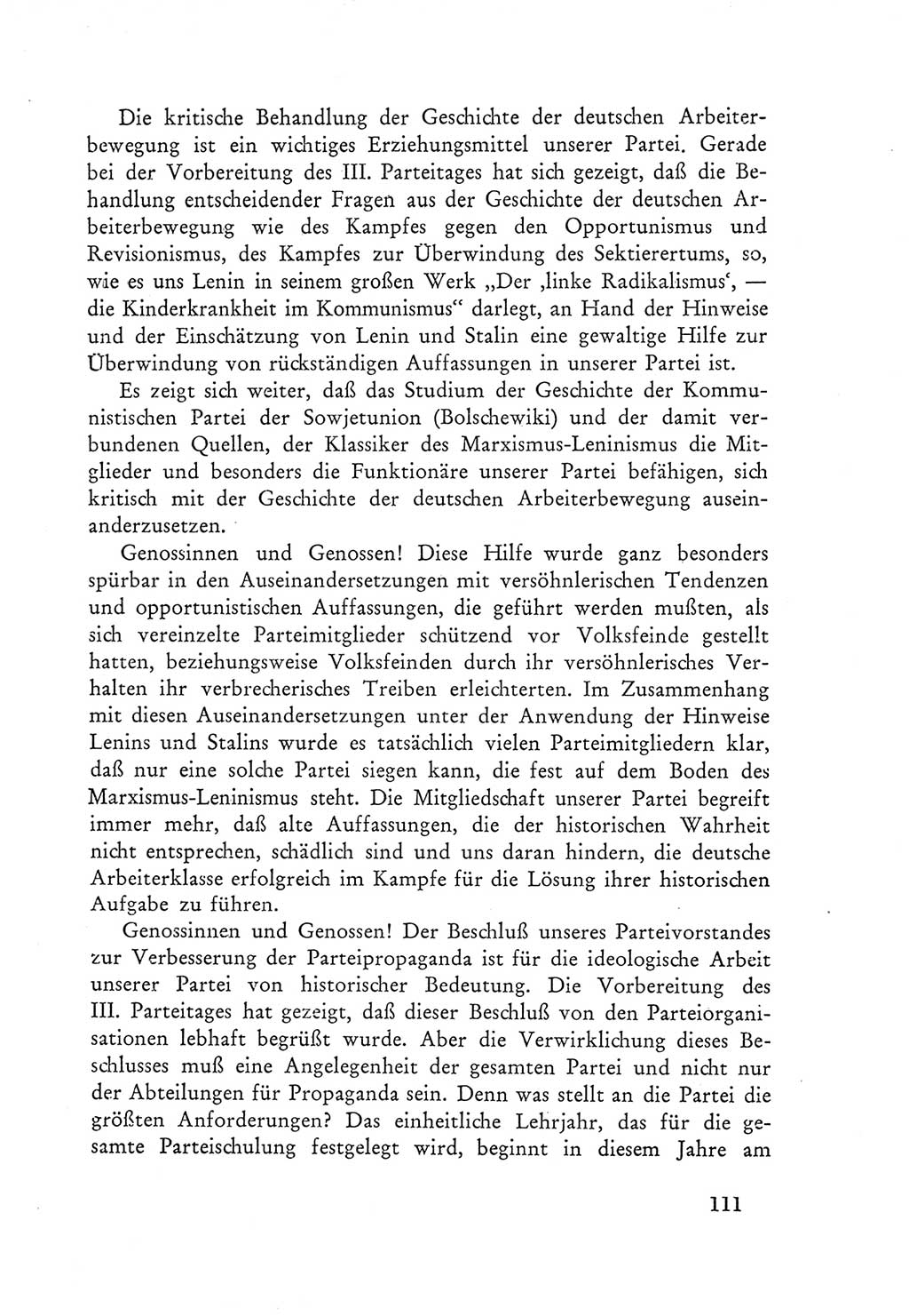 Protokoll der Verhandlungen des Ⅲ. Parteitages der Sozialistischen Einheitspartei Deutschlands (SED) [Deutsche Demokratische Republik (DDR)] 1950, Band 1, Seite 111 (Prot. Verh. Ⅲ. PT SED DDR 1950, Bd. 1, S. 111)