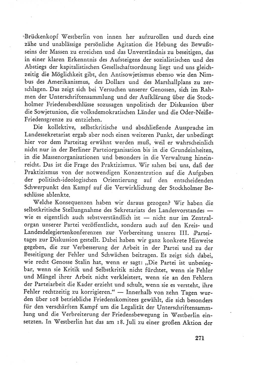 Protokoll der Verhandlungen des Ⅲ. Parteitages der Sozialistischen Einheitspartei Deutschlands (SED) [Deutsche Demokratische Republik (DDR)] 1950, Band 1, Seite 271 (Prot. Verh. Ⅲ. PT SED DDR 1950, Bd. 1, S. 271)