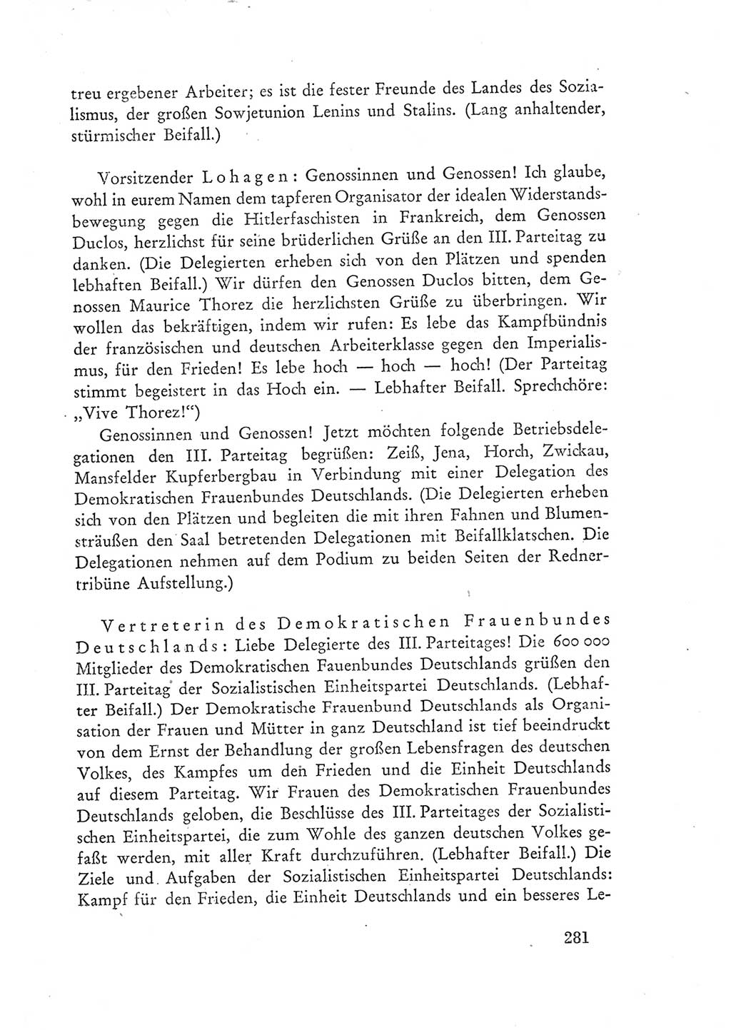 Protokoll der Verhandlungen des Ⅲ. Parteitages der Sozialistischen Einheitspartei Deutschlands (SED) [Deutsche Demokratische Republik (DDR)] 1950, Band 1, Seite 281 (Prot. Verh. Ⅲ. PT SED DDR 1950, Bd. 1, S. 281)