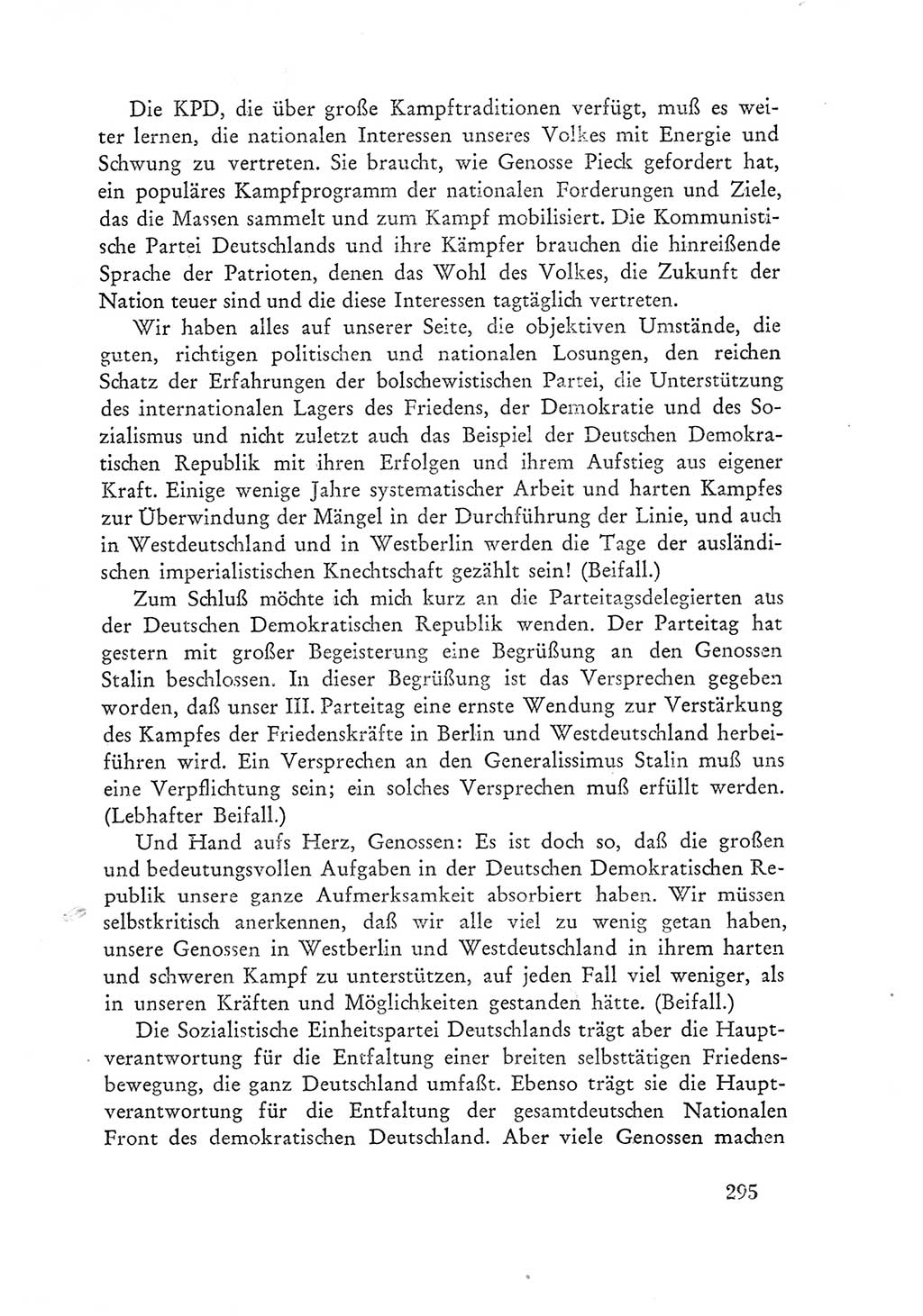 Protokoll der Verhandlungen des Ⅲ. Parteitages der Sozialistischen Einheitspartei Deutschlands (SED) [Deutsche Demokratische Republik (DDR)] 1950, Band 1, Seite 295 (Prot. Verh. Ⅲ. PT SED DDR 1950, Bd. 1, S. 295)