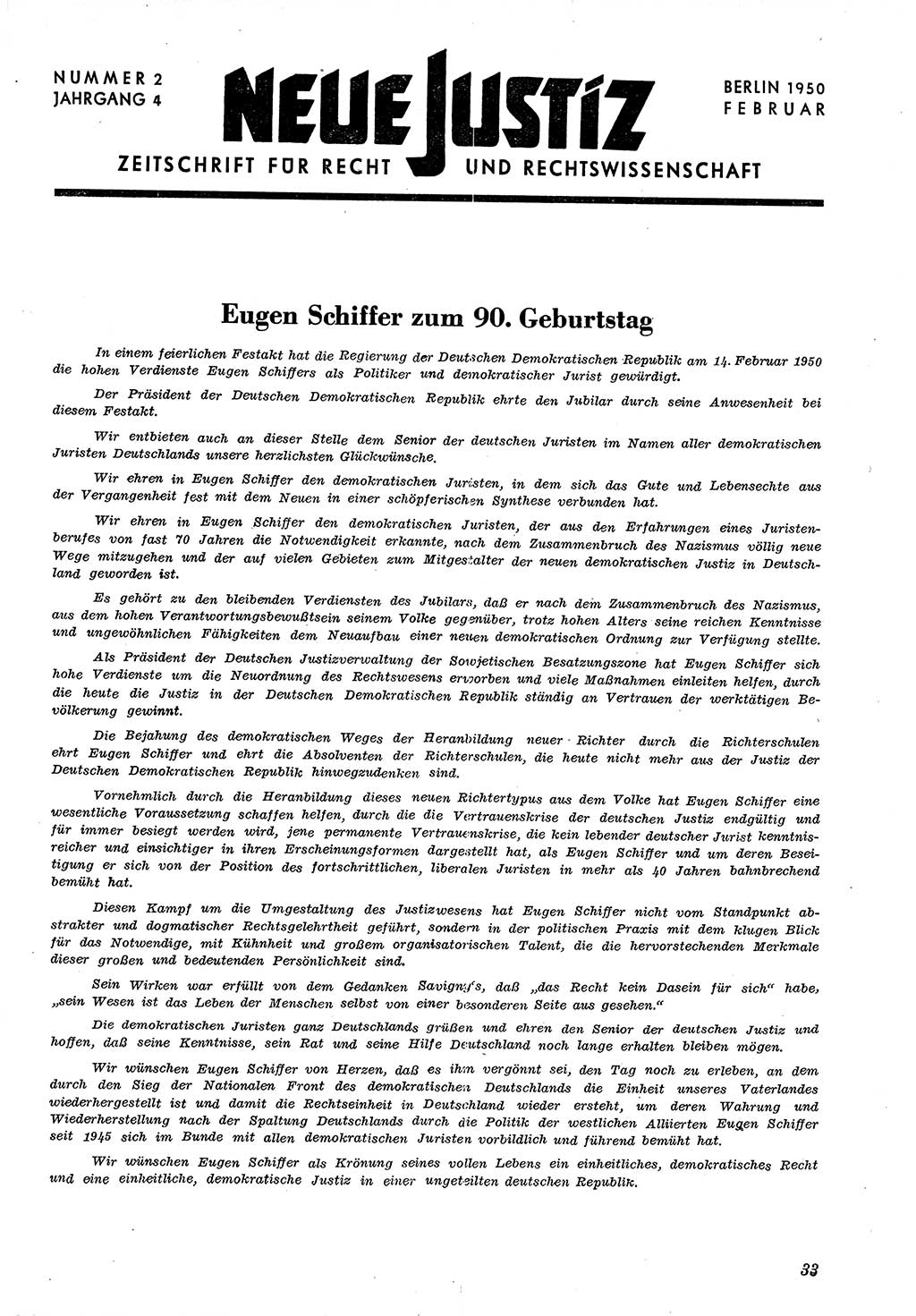 Neue Justiz (NJ), Zeitschrift für Recht und Rechtswissenschaft [Deutsche Demokratische Republik (DDR)], 4. Jahrgang 1950, Seite 33 (NJ DDR 1950, S. 33)