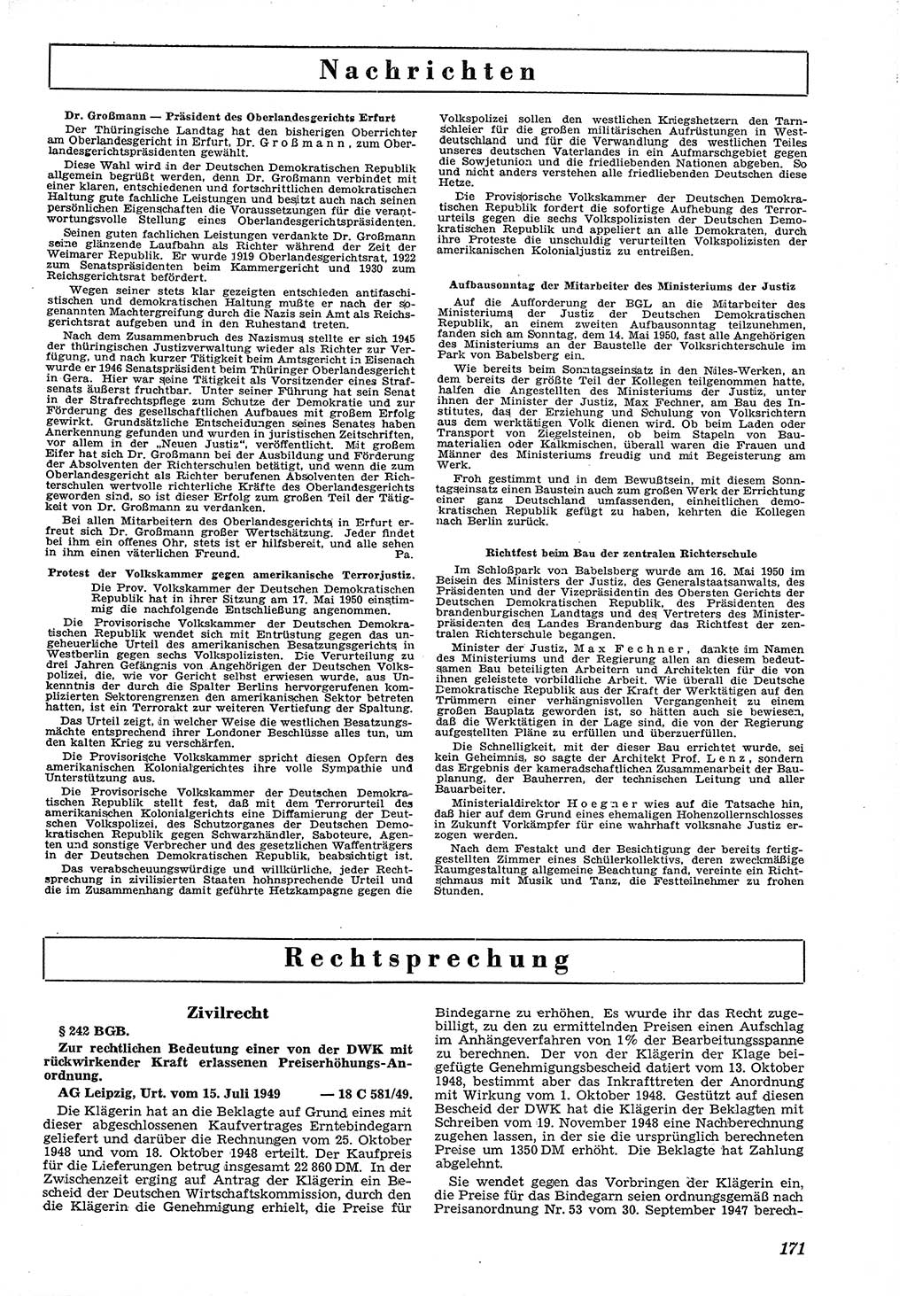 Neue Justiz (NJ), Zeitschrift für Recht und Rechtswissenschaft [Deutsche Demokratische Republik (DDR)], 4. Jahrgang 1950, Seite 171 (NJ DDR 1950, S. 171)