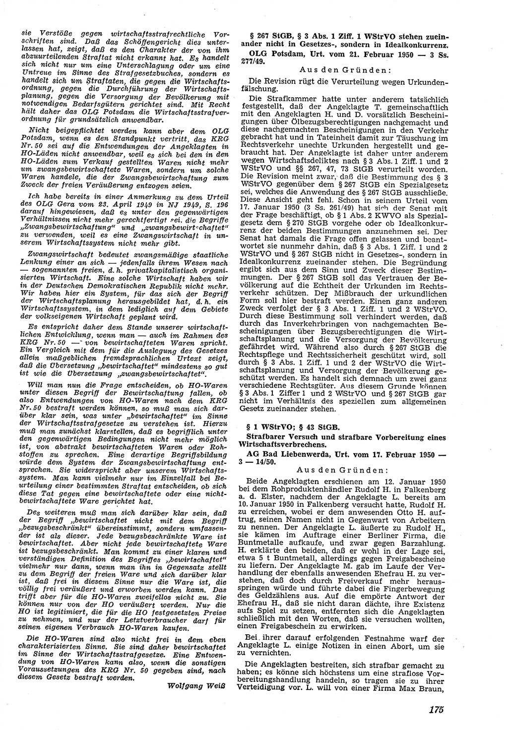 Neue Justiz (NJ), Zeitschrift für Recht und Rechtswissenschaft [Deutsche Demokratische Republik (DDR)], 4. Jahrgang 1950, Seite 175 (NJ DDR 1950, S. 175)