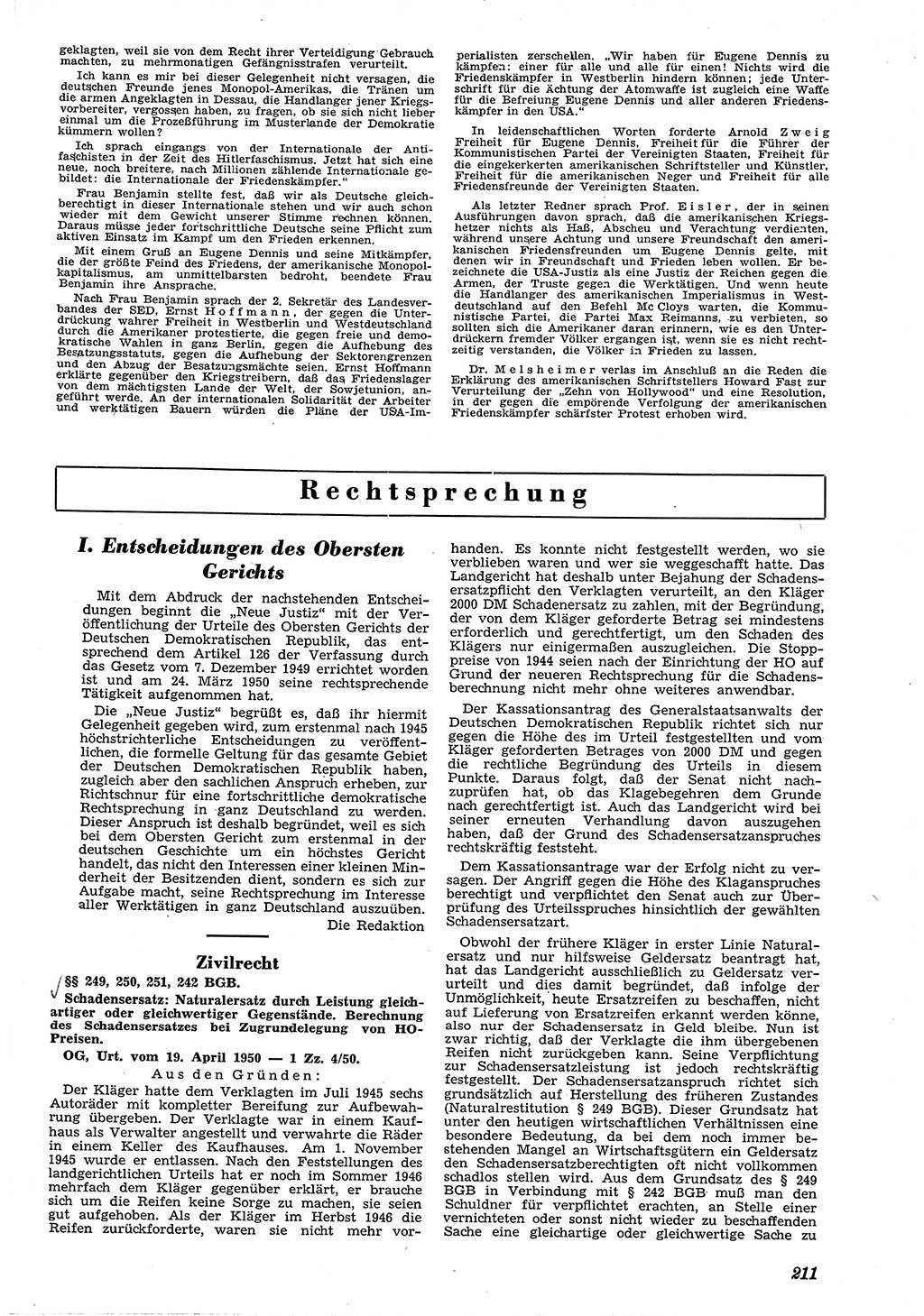 Neue Justiz (NJ), Zeitschrift für Recht und Rechtswissenschaft [Deutsche Demokratische Republik (DDR)], 4. Jahrgang 1950, Seite 211 (NJ DDR 1950, S. 211)