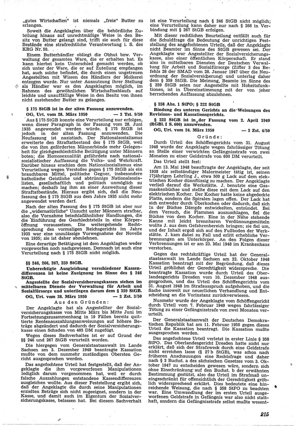 Neue Justiz (NJ), Zeitschrift für Recht und Rechtswissenschaft [Deutsche Demokratische Republik (DDR)], 4. Jahrgang 1950, Seite 215 (NJ DDR 1950, S. 215)