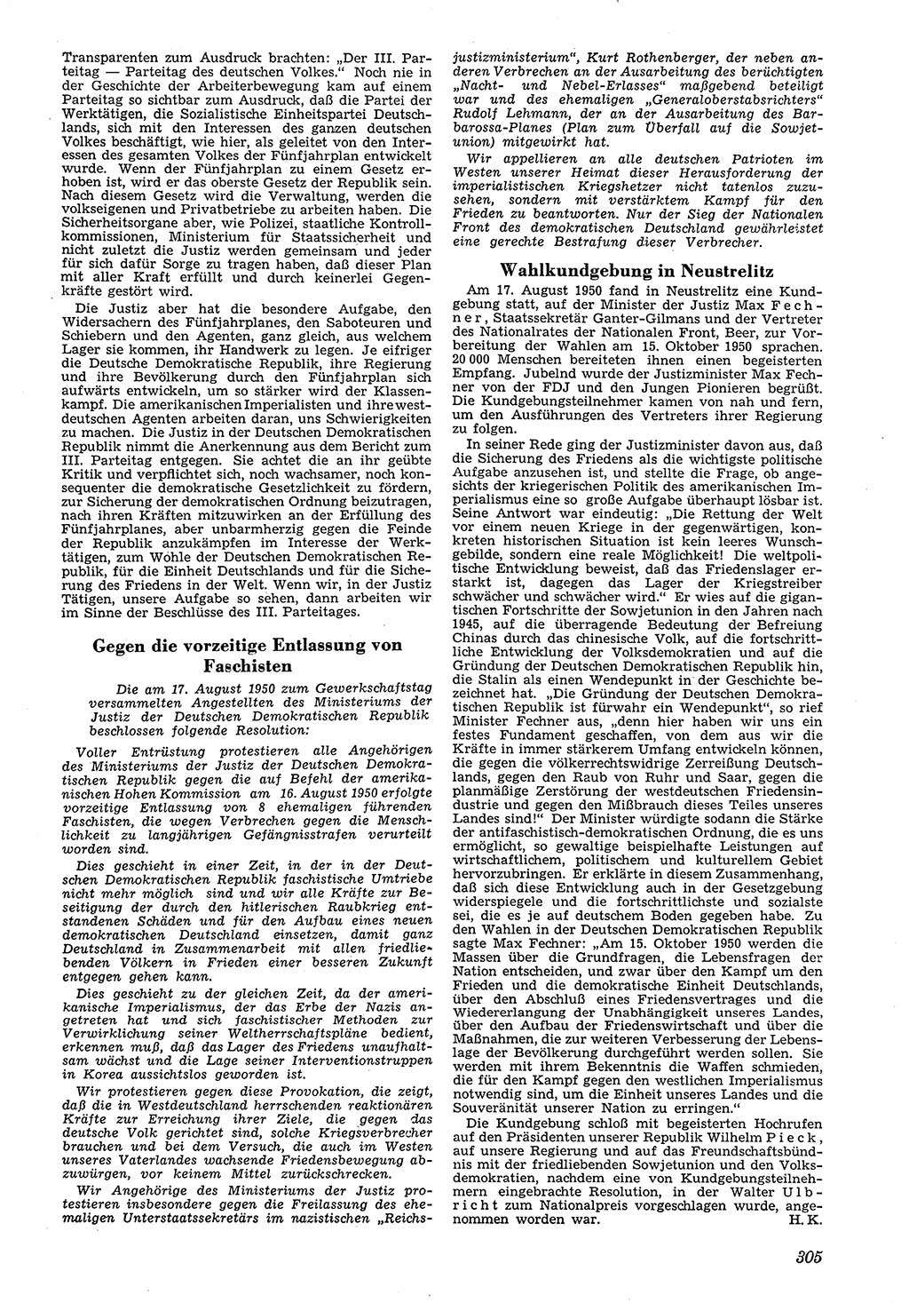 Neue Justiz (NJ), Zeitschrift für Recht und Rechtswissenschaft [Deutsche Demokratische Republik (DDR)], 4. Jahrgang 1950, Seite 305 (NJ DDR 1950, S. 305)
