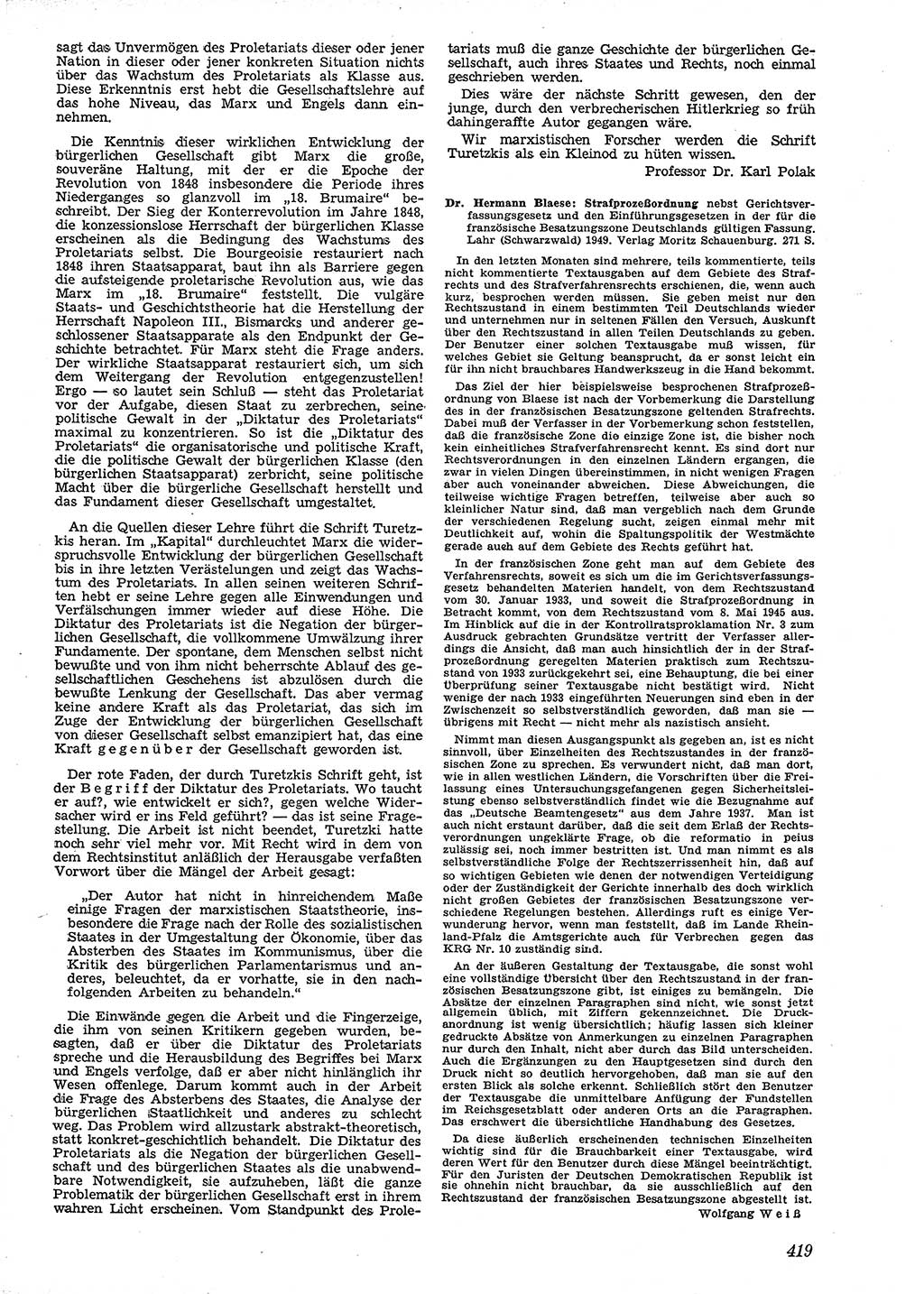 Neue Justiz (NJ), Zeitschrift für Recht und Rechtswissenschaft [Deutsche Demokratische Republik (DDR)], 4. Jahrgang 1950, Seite 419 (NJ DDR 1950, S. 419)