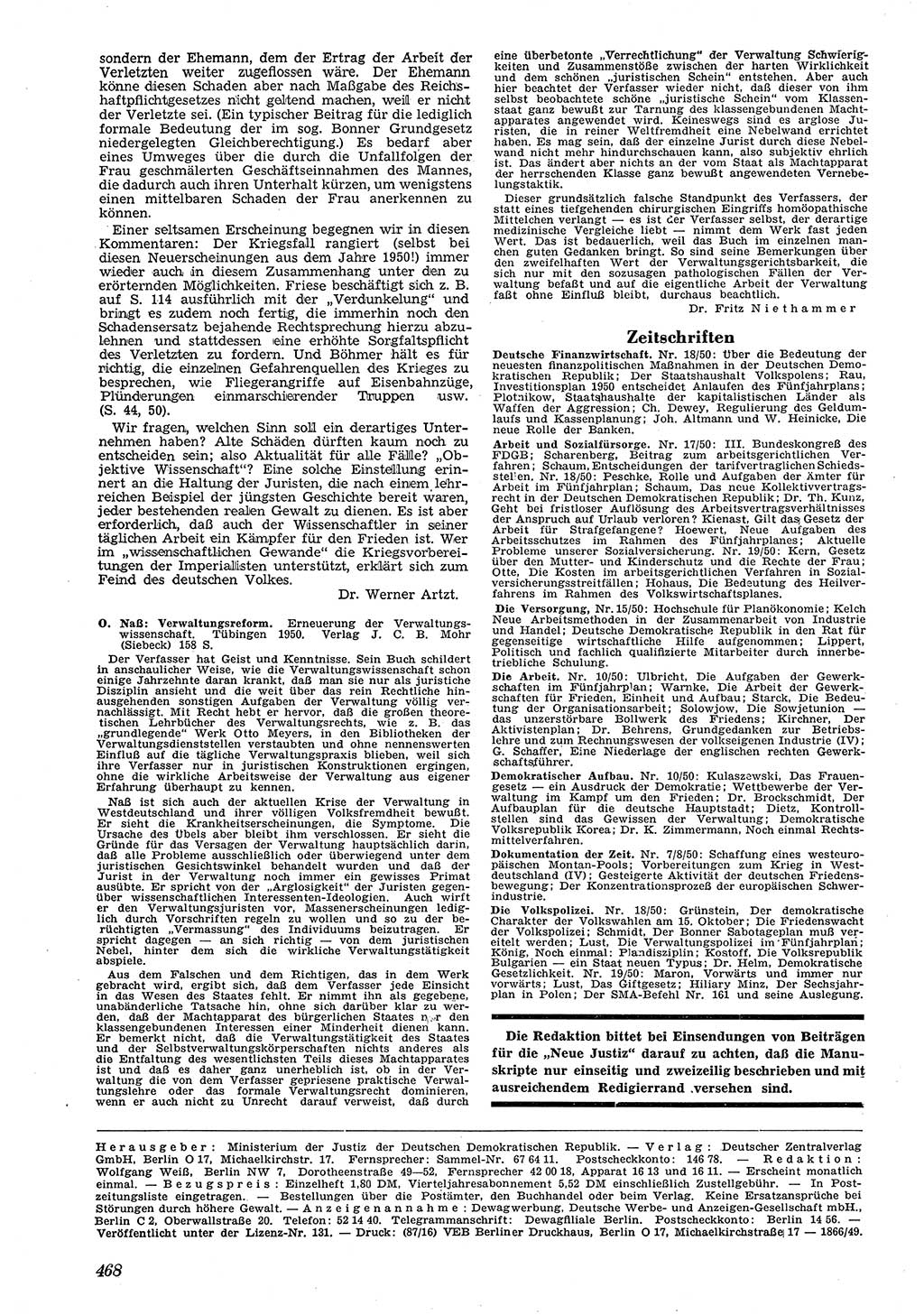 Neue Justiz (NJ), Zeitschrift für Recht und Rechtswissenschaft [Deutsche Demokratische Republik (DDR)], 4. Jahrgang 1950, Seite 468 (NJ DDR 1950, S. 468)