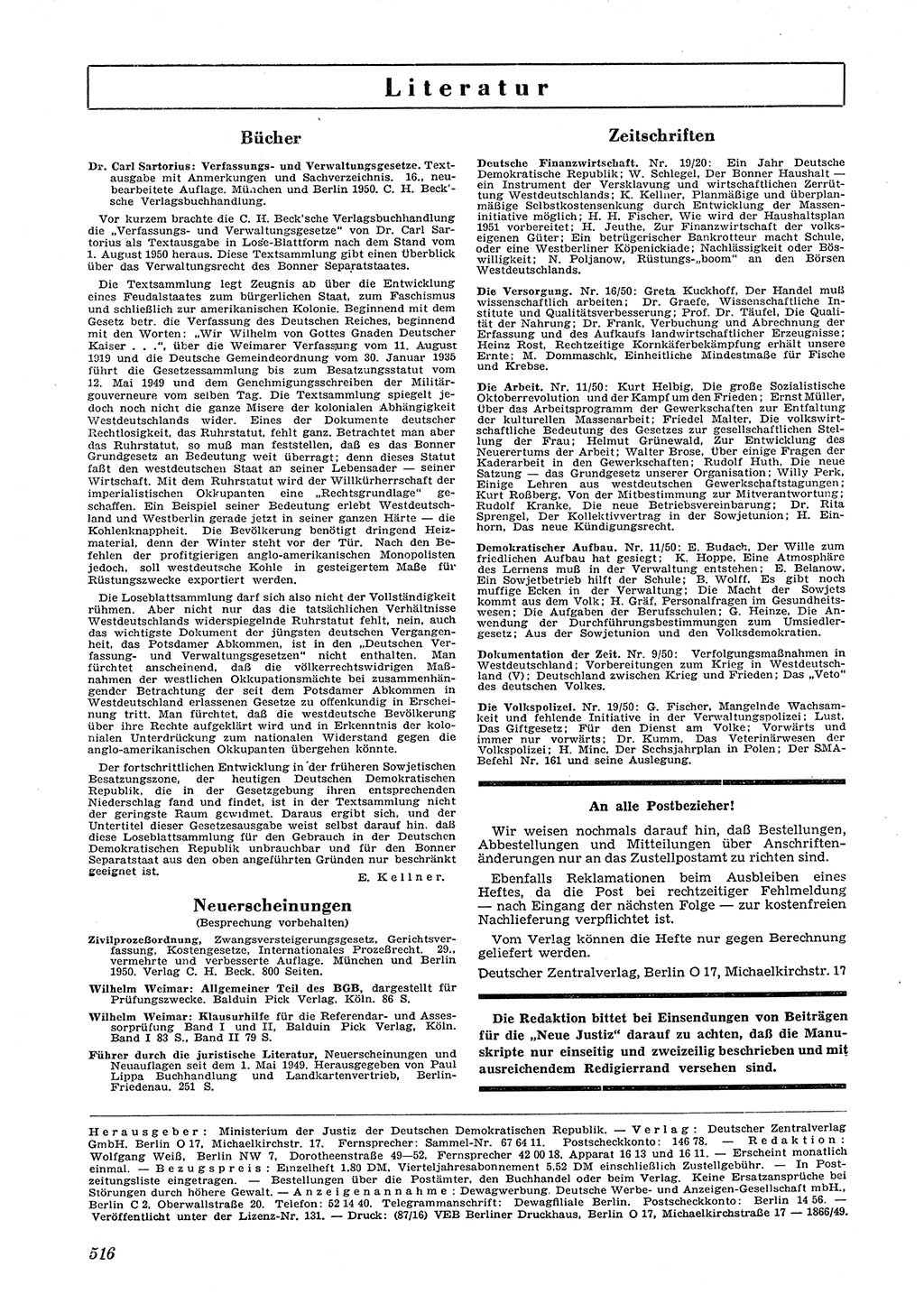 Neue Justiz (NJ), Zeitschrift für Recht und Rechtswissenschaft [Deutsche Demokratische Republik (DDR)], 4. Jahrgang 1950, Seite 516 (NJ DDR 1950, S. 516)