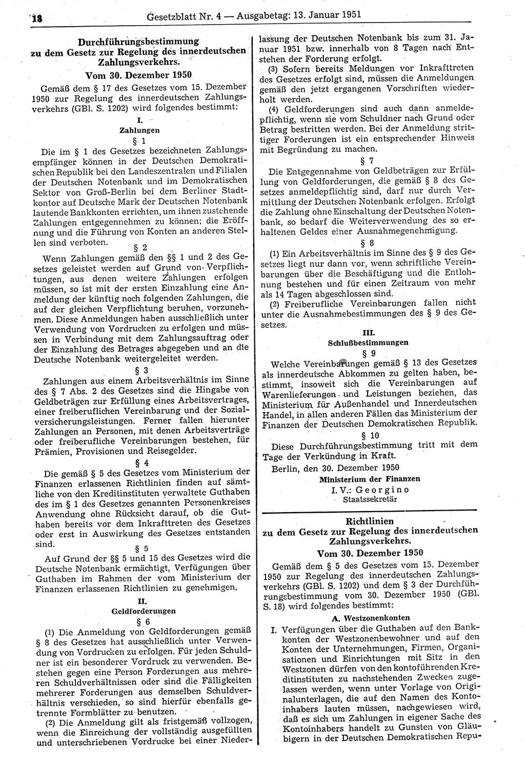 Gesetzblatt (GBl.) der Deutschen Demokratischen Republik (DDR) 1951, Seite 18 (GBl. DDR 1951, S. 18)