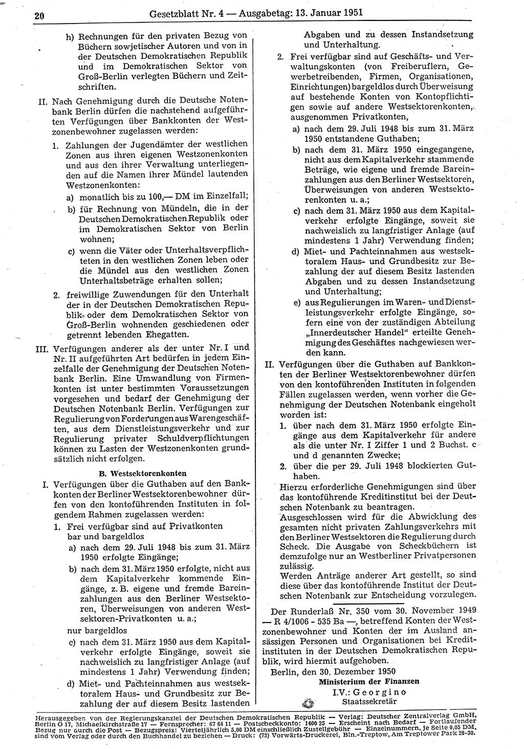 Gesetzblatt (GBl.) der Deutschen Demokratischen Republik (DDR) 1951, Seite 20 (GBl. DDR 1951, S. 20)