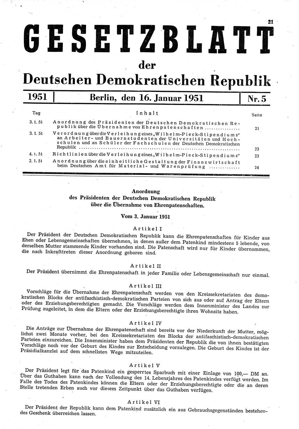 Gesetzblatt (GBl.) der Deutschen Demokratischen Republik (DDR) 1951, Seite 21 (GBl. DDR 1951, S. 21)