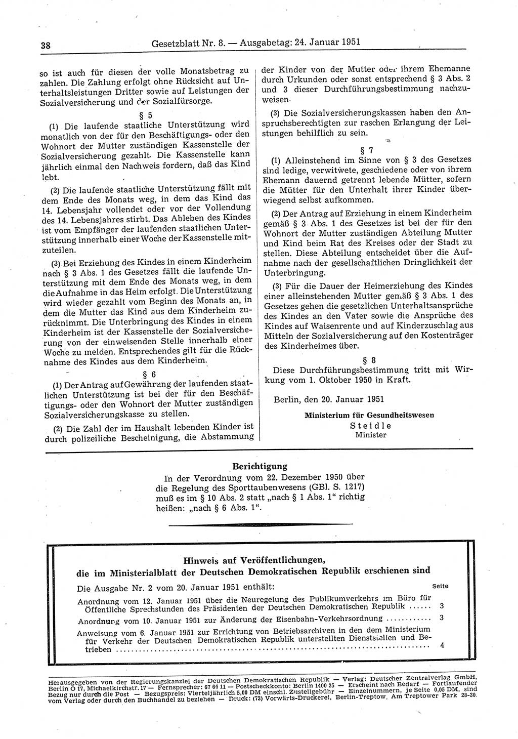 Gesetzblatt (GBl.) der Deutschen Demokratischen Republik (DDR) 1951, Seite 38 (GBl. DDR 1951, S. 38)