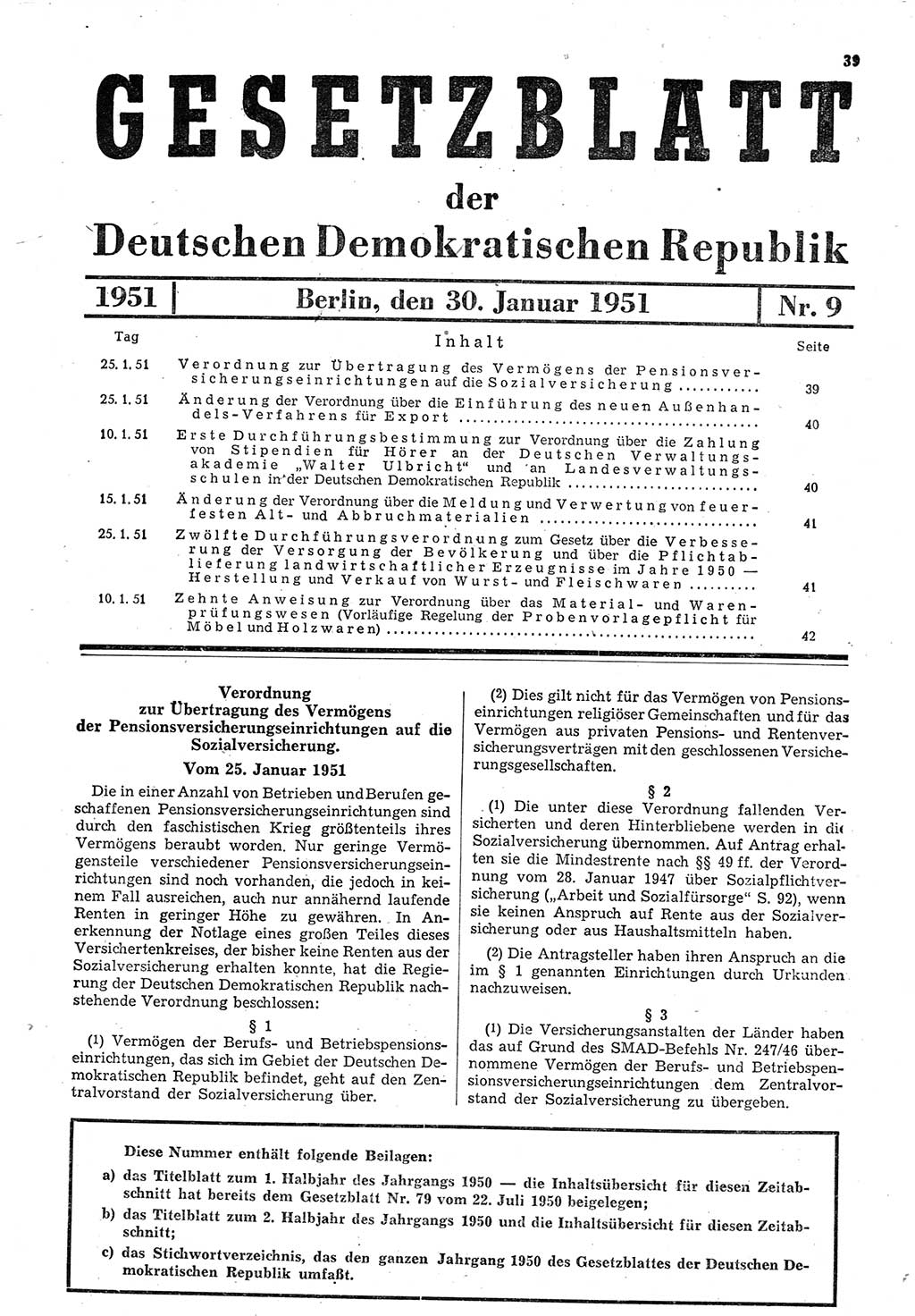 Gesetzblatt (GBl.) der Deutschen Demokratischen Republik (DDR) 1951, Seite 39 (GBl. DDR 1951, S. 39)